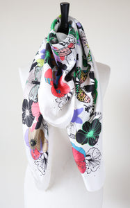 MADELEINE Silk Scarf / Shawl - Colourful Butterfies / Ivory White - X LARGE