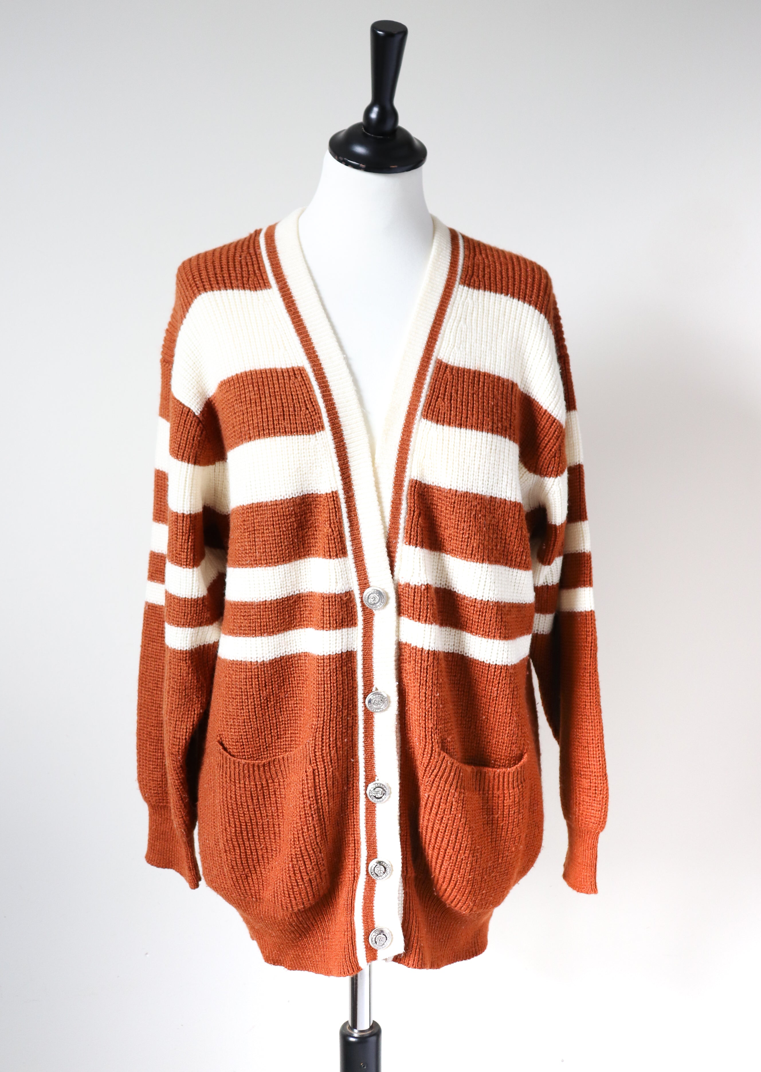 Vintage Oversized Cardigan - Brown / Cream Striped - Varsity - M / UK 12