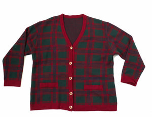 Plaid Vintage Cardigan - 1990s Burgundy / Green Wool Blend  - M / UK 12