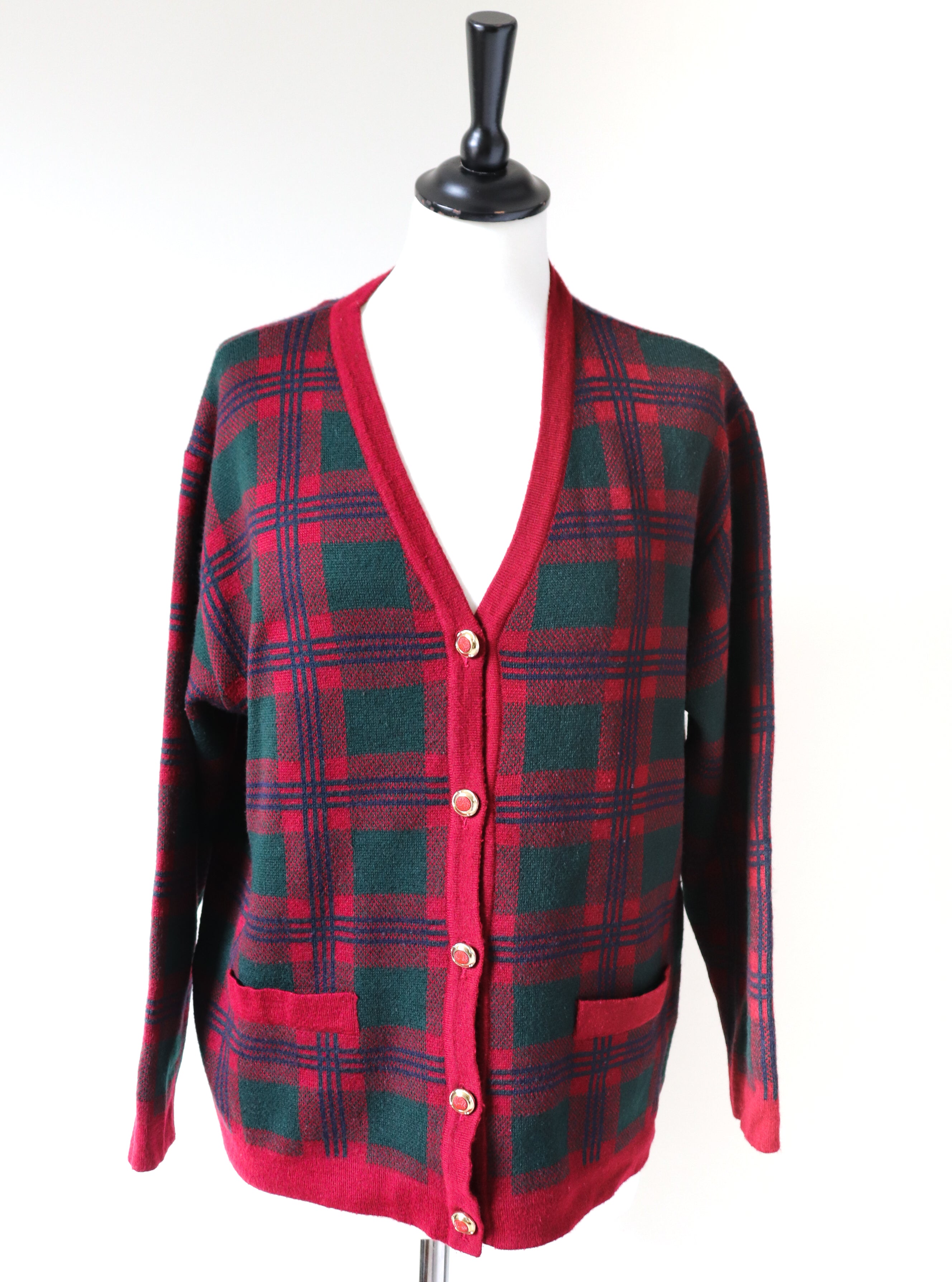 Plaid Vintage Cardigan - 1990s Burgundy / Green  Wool Blend  - M / UK 12