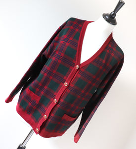 Plaid Vintage Cardigan - 1990s Burgundy / Green Wool Blend  - M / UK 12