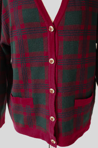 Plaid Vintage Cardigan - 1990s Burgundy / Green Wool Blend  - M / UK 12