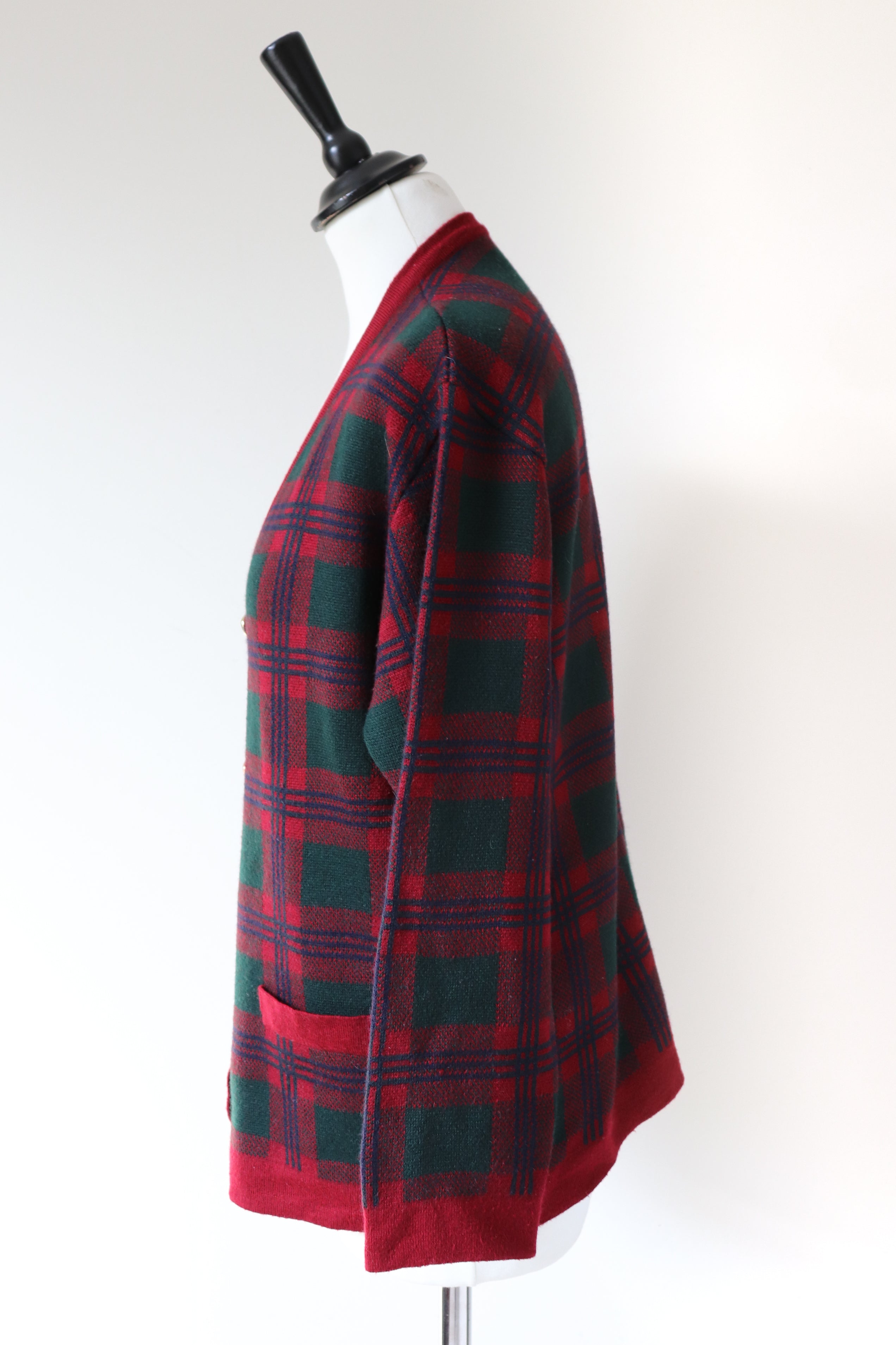 Plaid Vintage Cardigan - 1990s Burgundy / Green Wool Blend  - M / UK 12