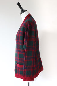Plaid Vintage Cardigan - 1990s Burgundy / Green  Wool Blend  - M / UK 12