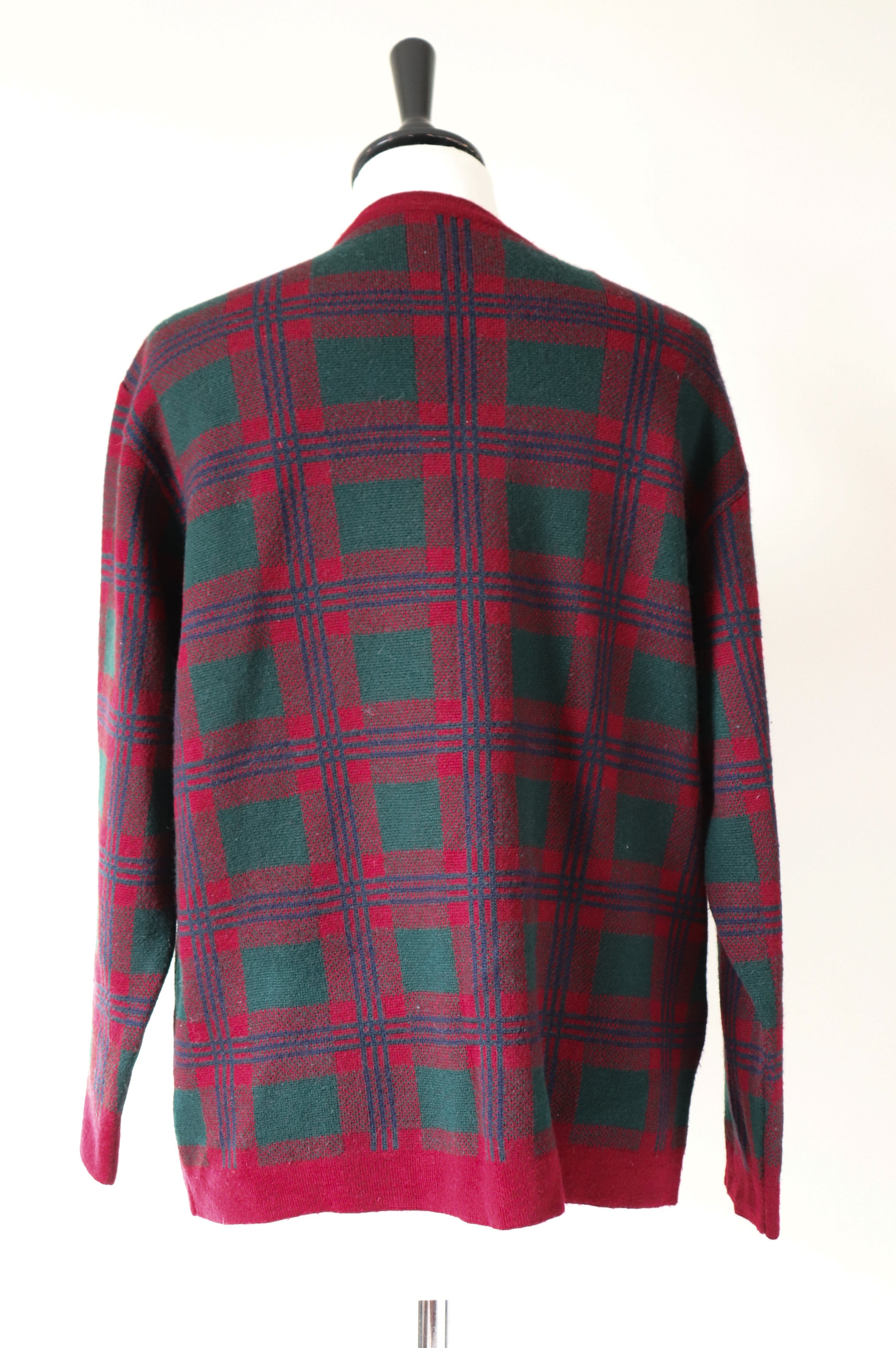 Plaid Vintage Cardigan - 1990s Burgundy / Green  Wool Blend  - M / UK 12