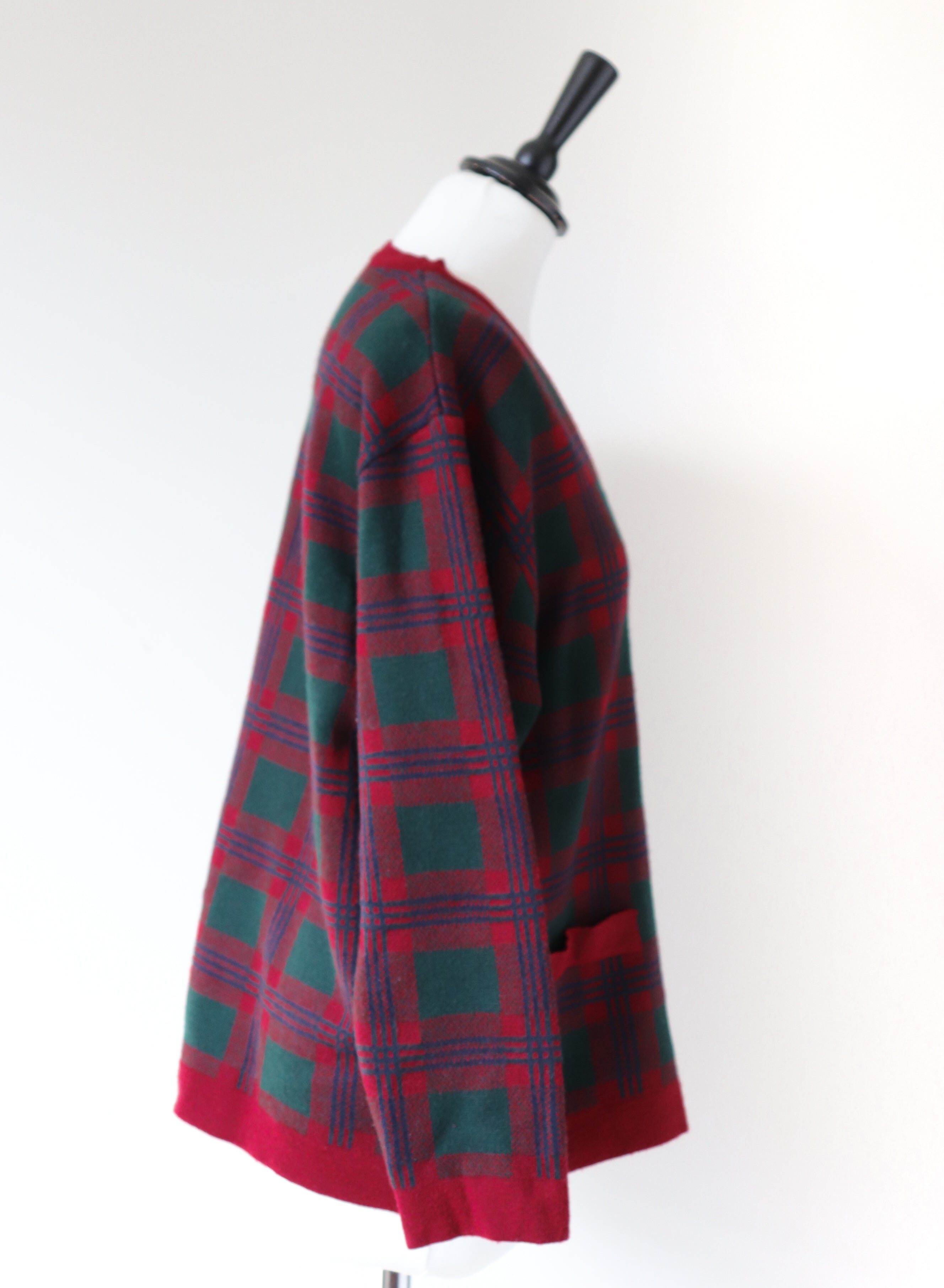 Plaid Vintage Cardigan - 1990s Burgundy / Green  Wool Blend  - M / UK 12