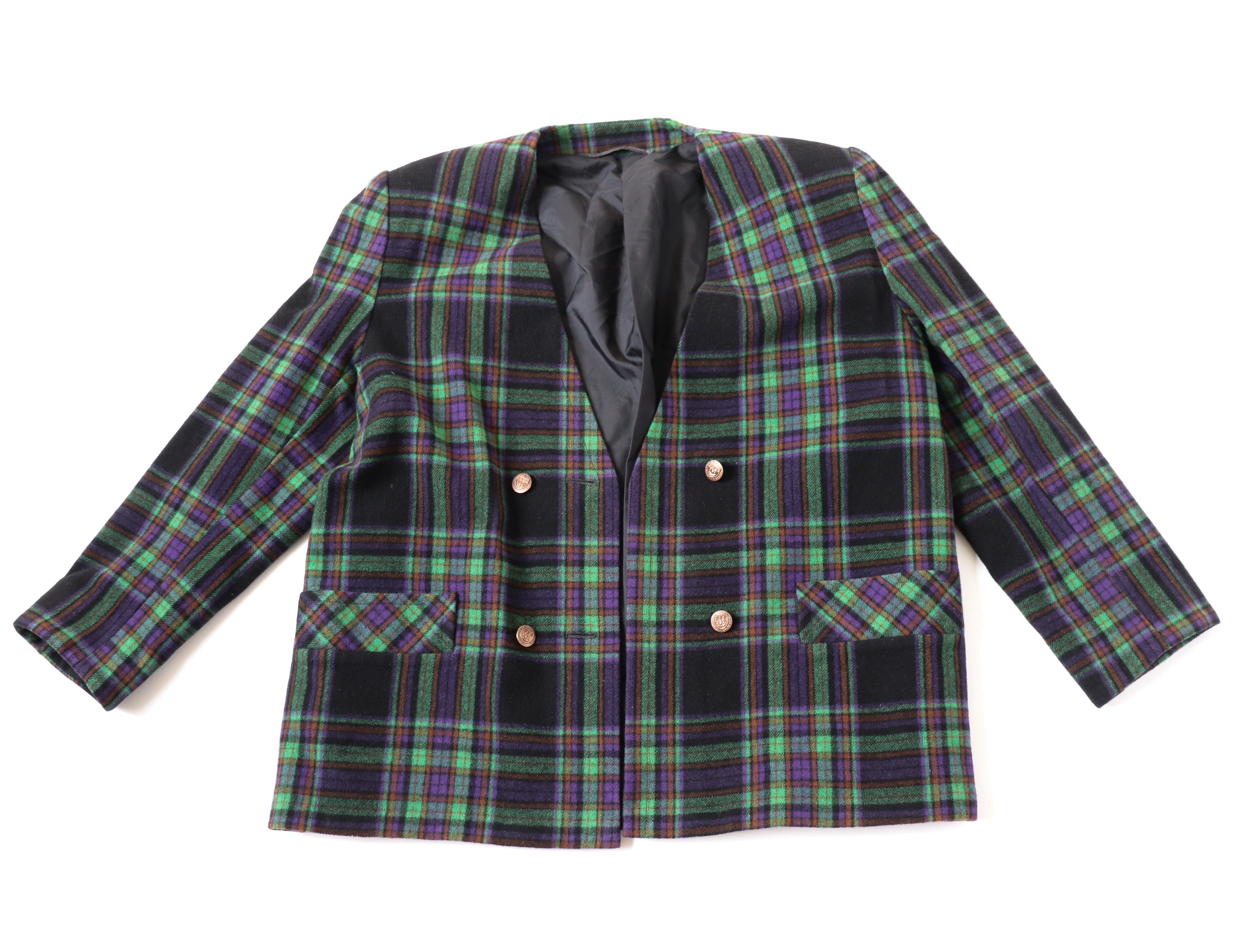 Plaid Collarless Jacket - Vintage 1980s - Green / Purple Wool  Blend - XL / UK 16