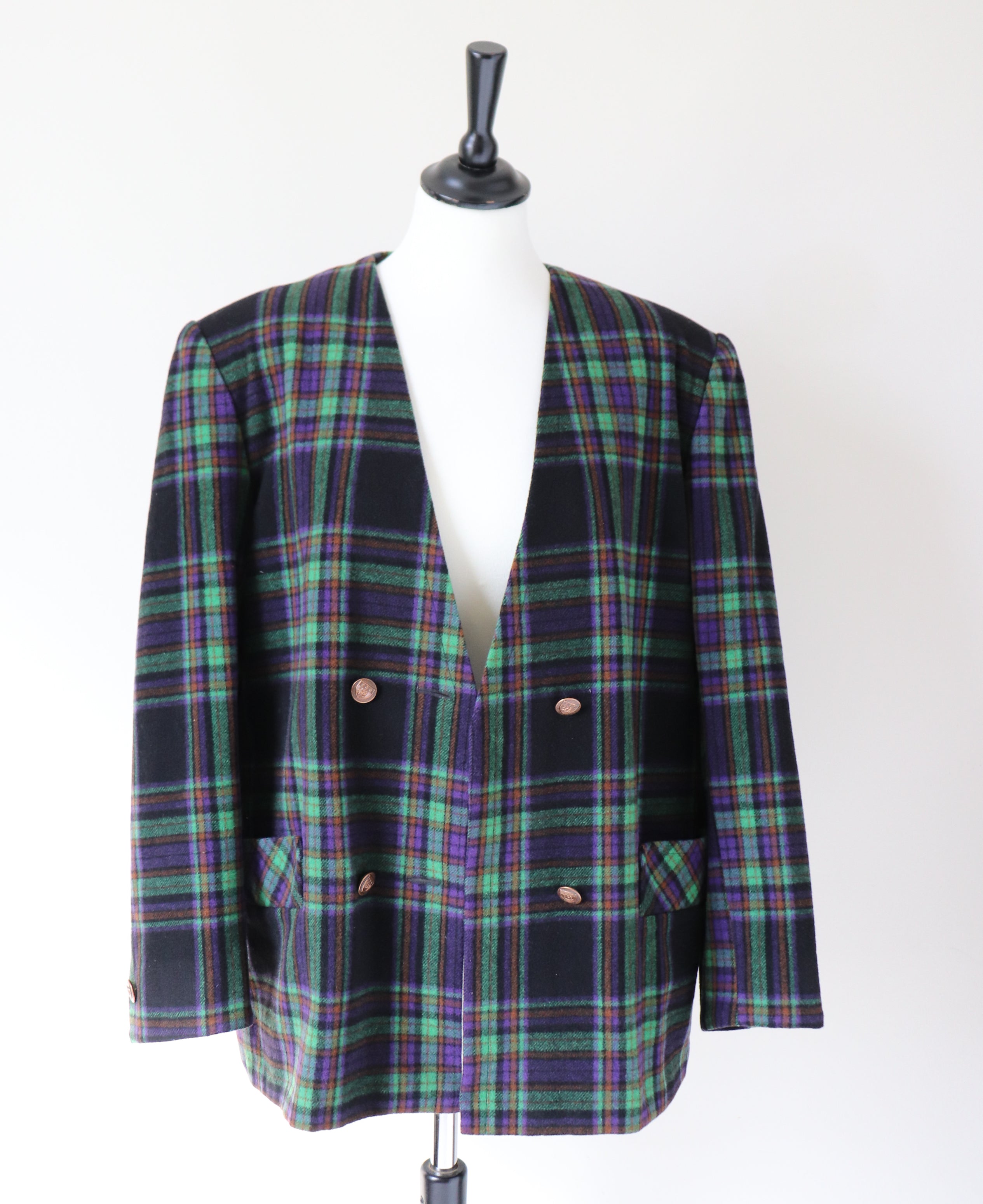 Plaid Collarless Jacket - Vintage 1980s - Green / Purple Wool  Blend - XL / UK 16