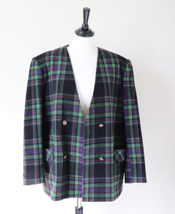 Plaid Collarless Jacket - Vintage 1980s - Green / Purple Wool  Blend - XL / UK 16