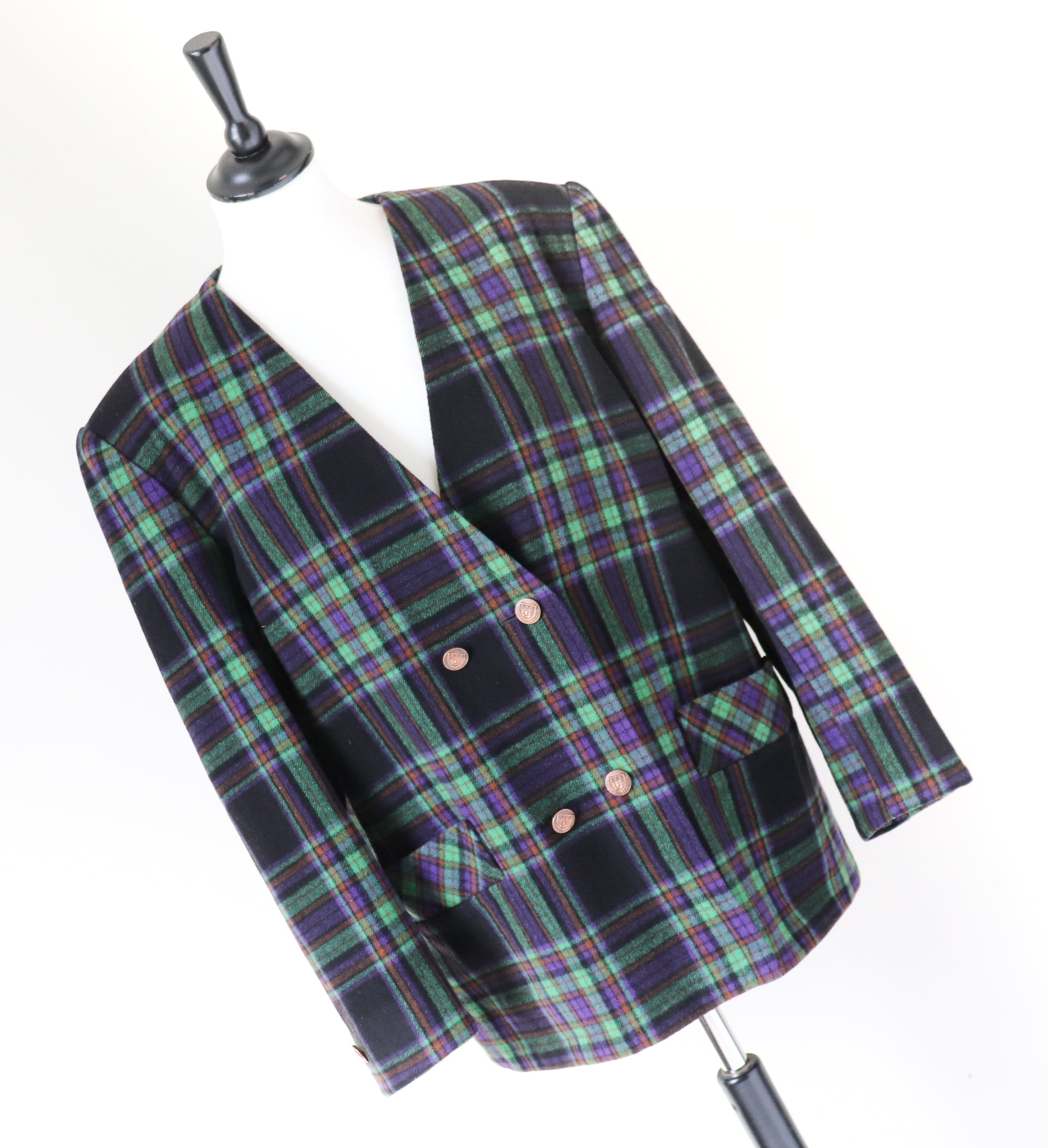 Plaid Collarless Jacket - Vintage 1980s - Green / Purple Wool  Blend - XL / UK 16