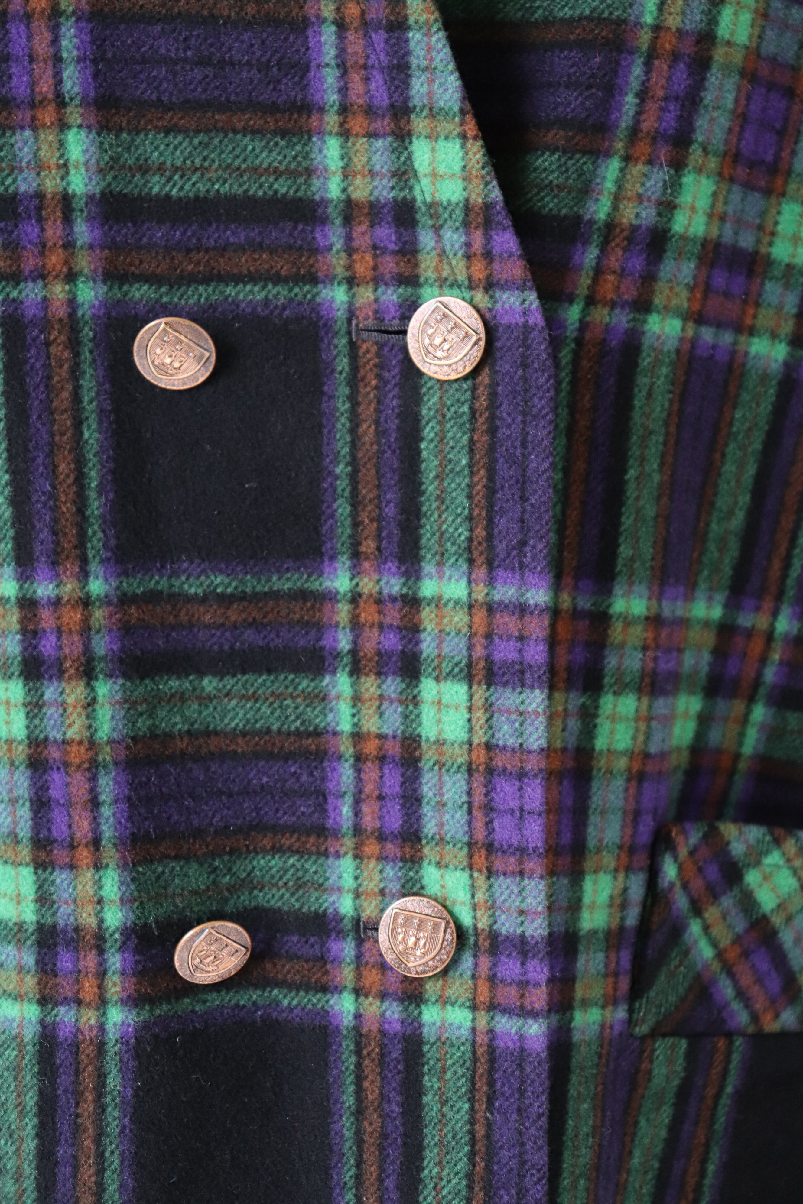 Plaid Collarless Jacket - Vintage 1980s - Green / Purple Wool  Blend - XL / UK 16