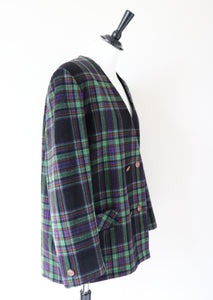 Plaid Collarless Jacket - Vintage 1980s - Green / Purple Wool  Blend - XL / UK 16