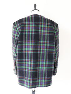 Plaid Collarless Jacket - Vintage 1980s - Green / Purple Wool  Blend - XL / UK 16