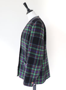 Plaid Collarless Jacket - Vintage 1980s - Green / Purple Wool  Blend - XL / UK 16