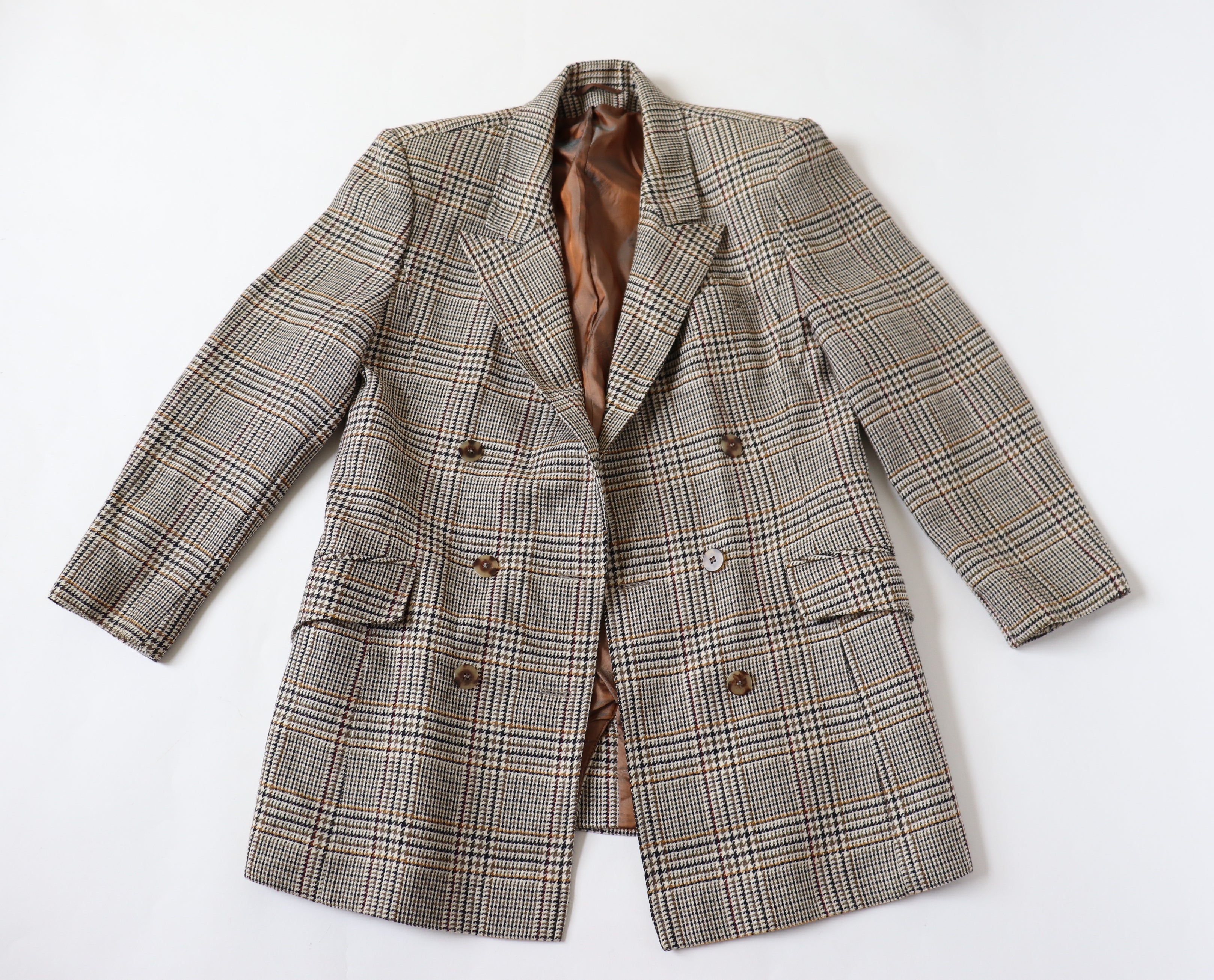 Checked Wool Blazer- Vintage - Cream / Brown Check - L / UK 14