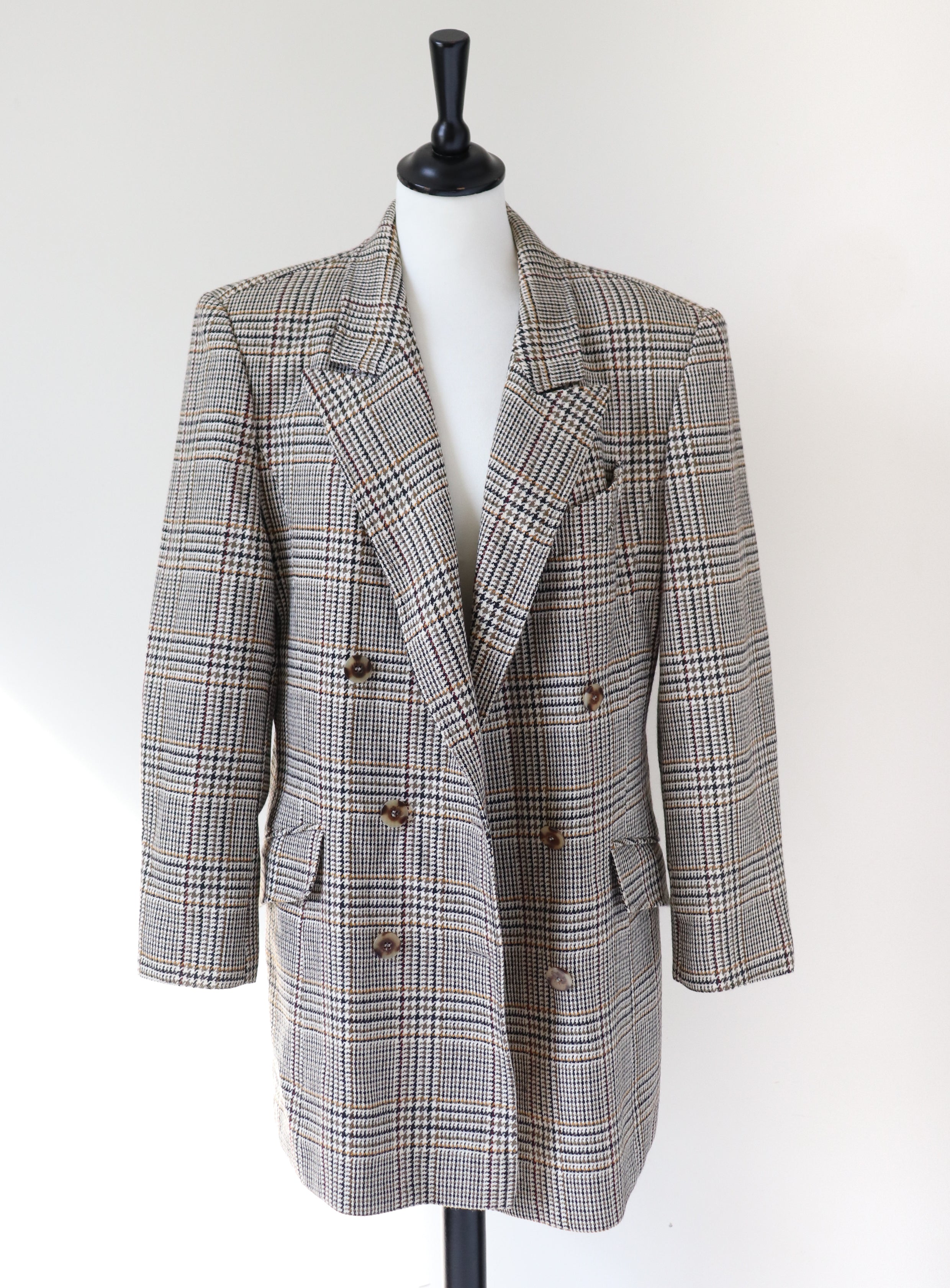 Checked Wool Blazer- Vintage - Cream / Brown Check - L / UK 14