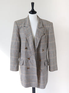 Checked Wool Blazer- Vintage - Cream / Brown Check - L / UK 14