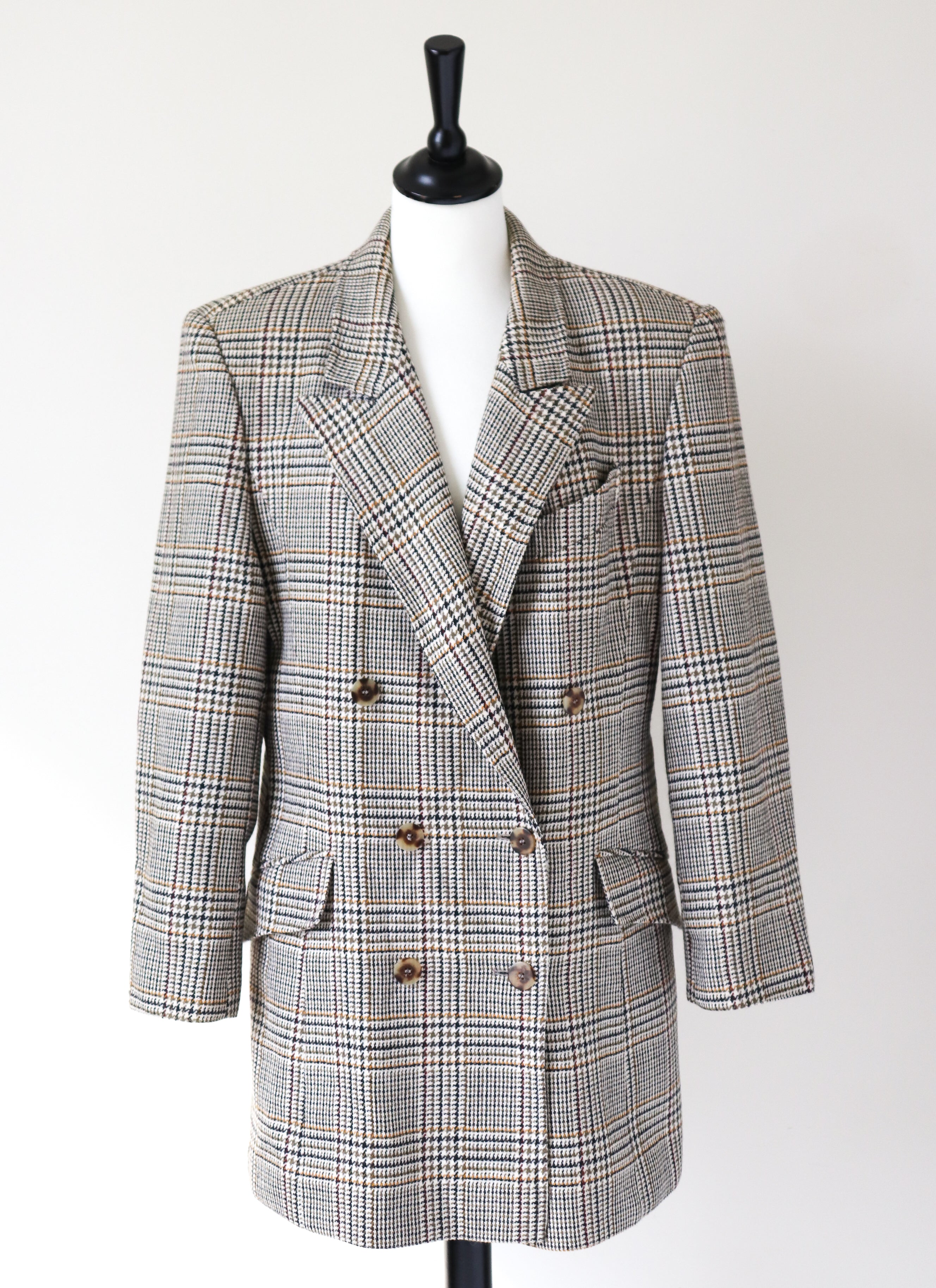 Checked Wool Blazer- Vintage - Cream / Brown Check - L / UK 14