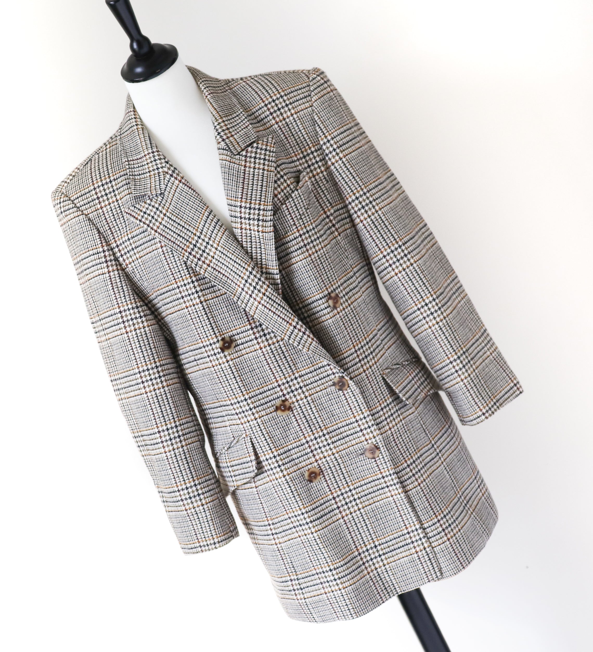 Checked Wool Blazer- Vintage - Cream / Brown Check - L / UK 14