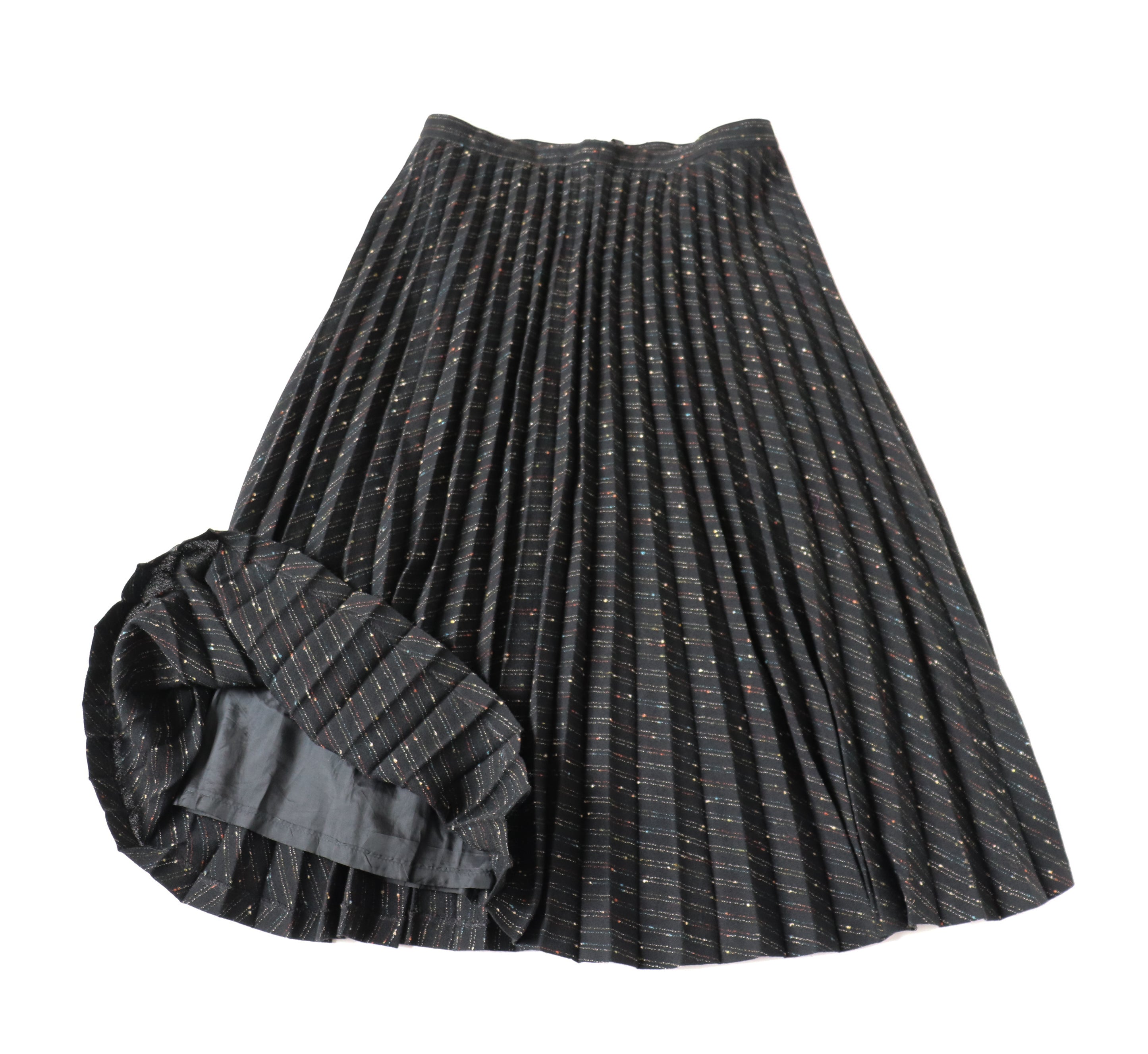 Black Pleated 1980s Vintage Skirt - Flecked Wool Blend - M / UK 12