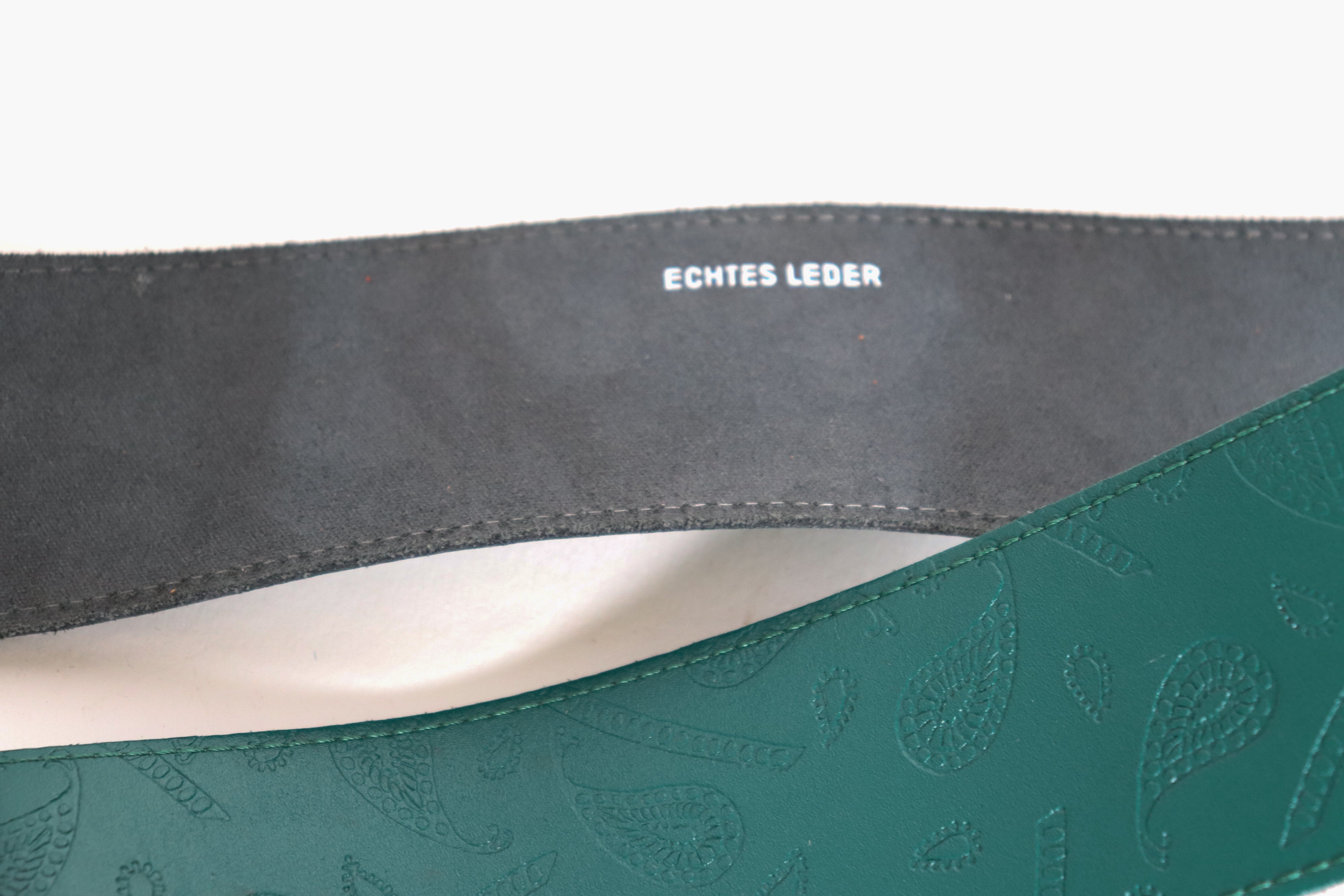 Green Leather 1980s Vintage Belt - Wide - Paisley Embossed - Medium