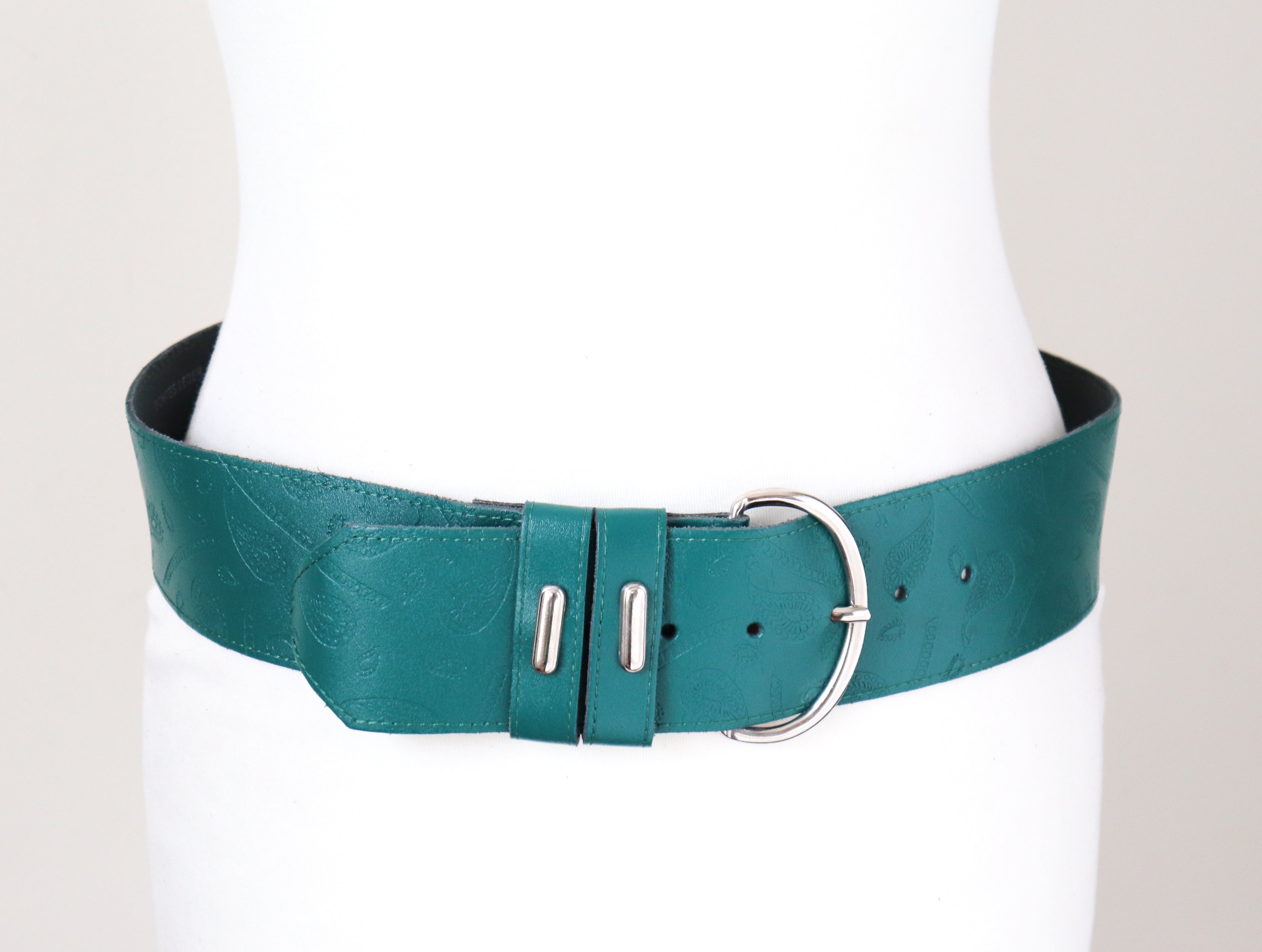 Green Leather 1980s Vintage Belt - Wide - Paisley Embossed - Medium