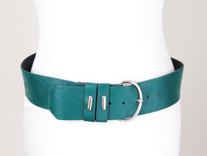 Green Leather 1980s Vintage Belt - Wide - Paisley Embossed - Medium