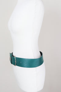 Green Leather 1980s Vintage Belt - Wide - Paisley Embossed - Medium