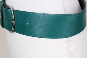 Green Leather 1980s Vintage Belt -  Wide - Paisley Embossed  - Medium