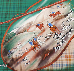 Jole Veneziani Vintage Silk Scarf - Green Equestrian Hunting Theme - Large