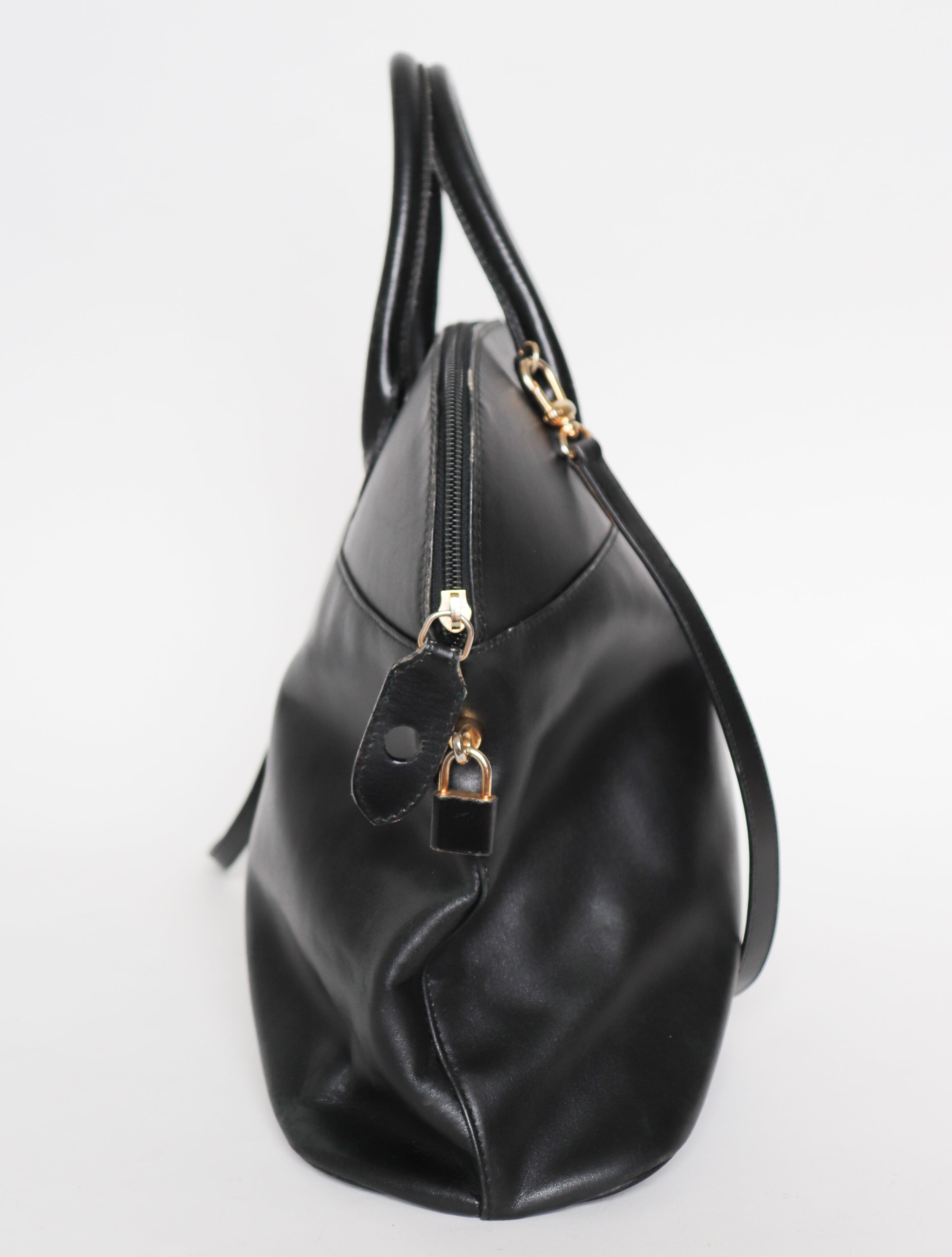 Double Handle Bag - Black Leather - Shoulder Strap - Mannina - Large