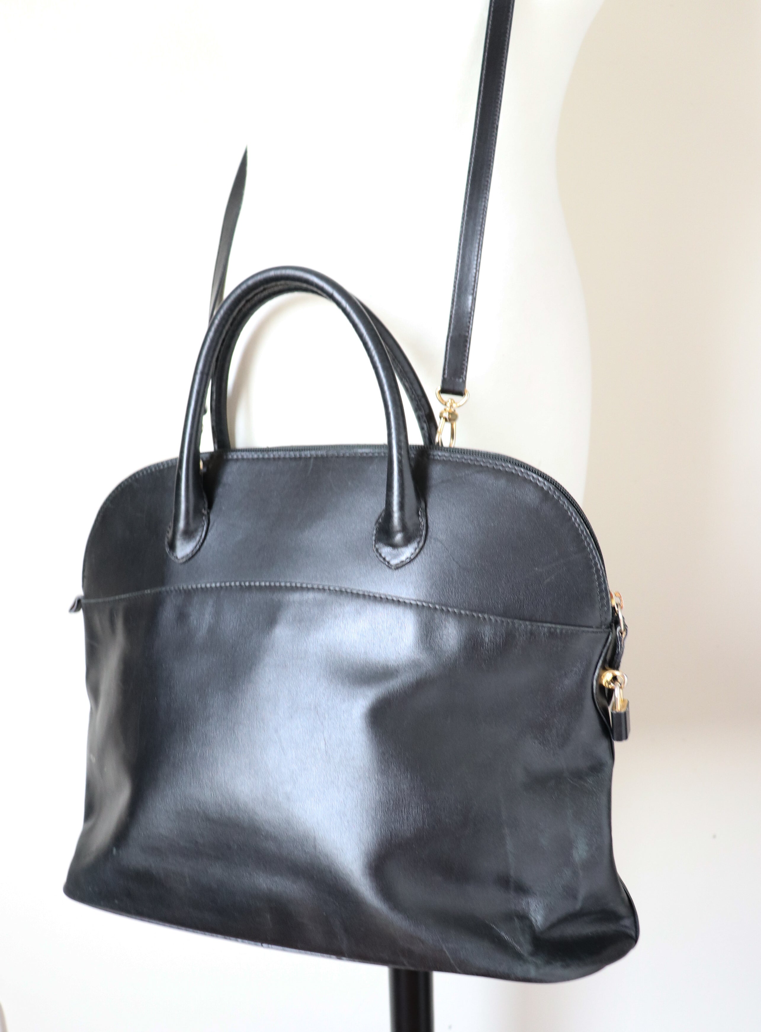 Double Handle Bag - Black Leather - Shoulder Strap - Mannina - Large