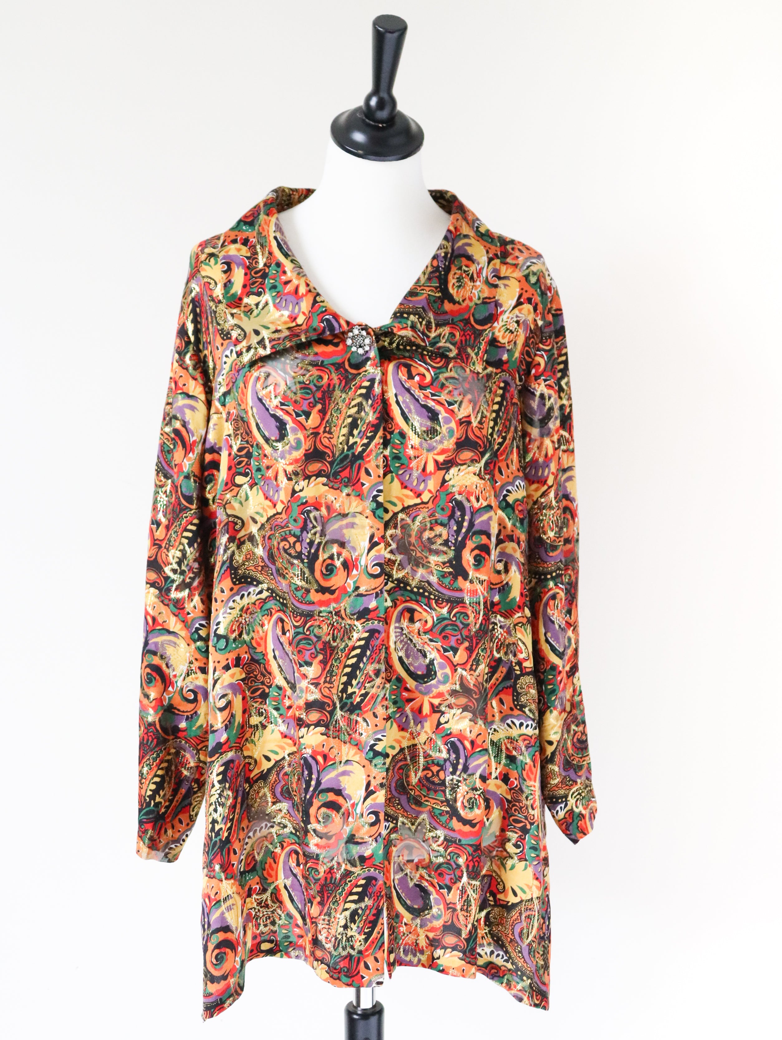 Coverall Silk Cardigan - See-Through - Sparkly Gold Paisley Pattern - Vintage - L / UK 14
