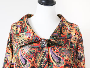 Coverall Silk Cardigan - See-Through - Sparkly Gold Paisley Pattern - Vintage - L / UK 14