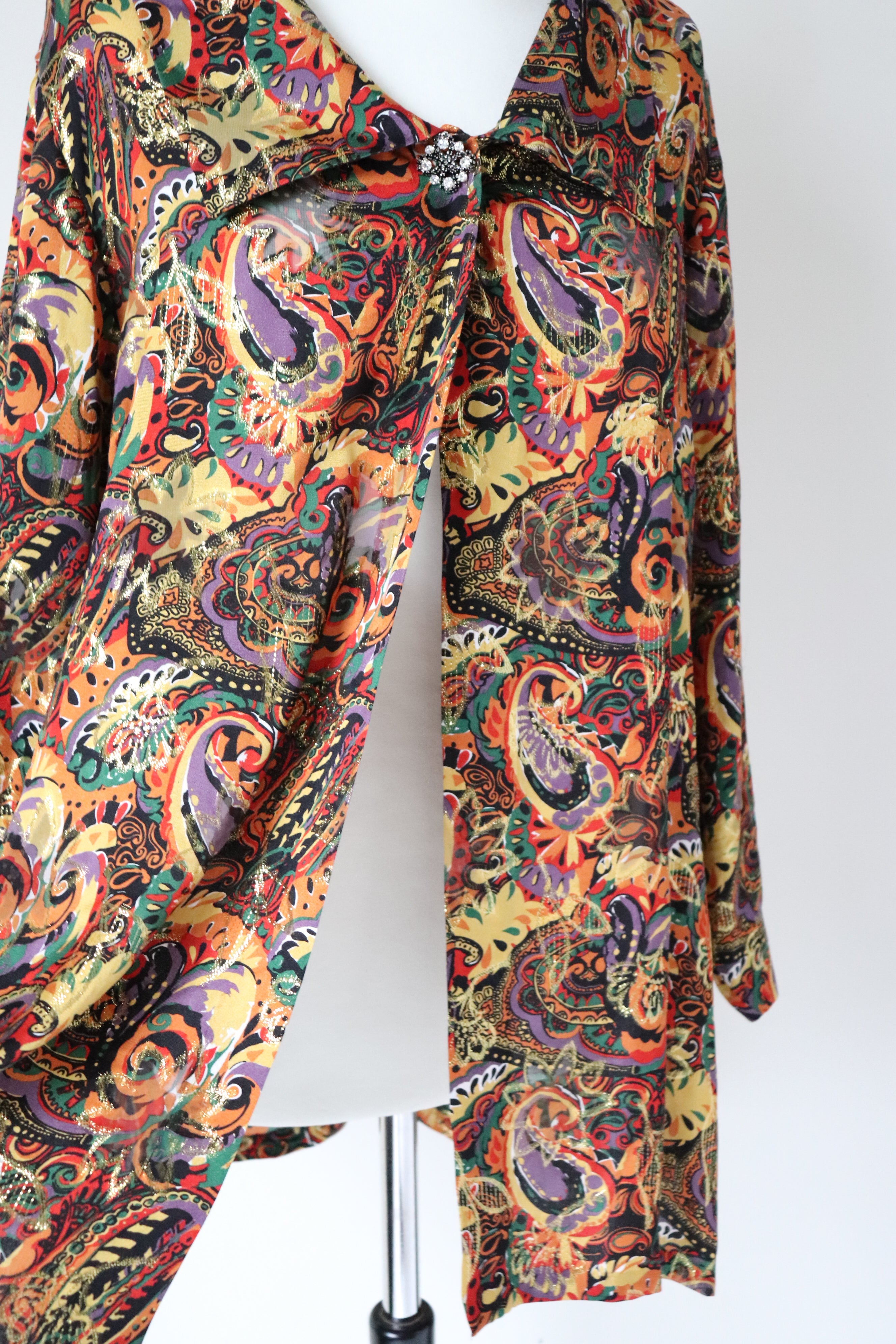 Coverall Silk Cardigan - See-Through - Sparkly Gold Paisley Pattern - Vintage - L / UK 14