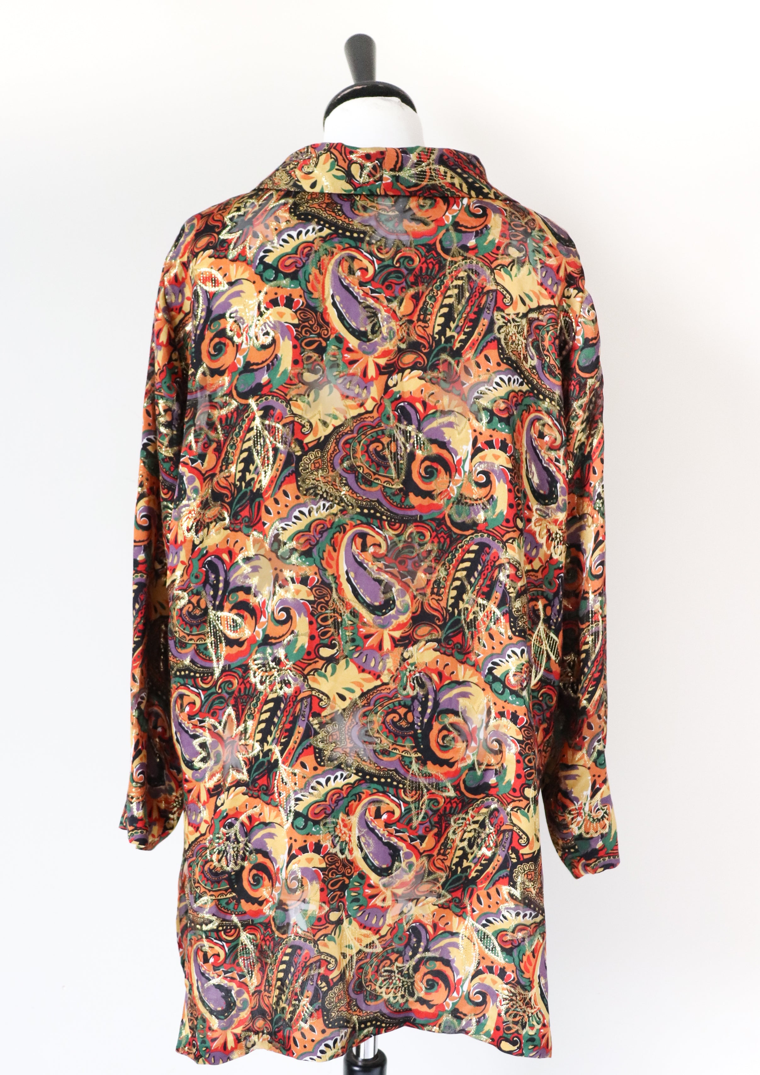 Coverall Silk Cardigan - See-Through - Sparkly Gold Paisley Pattern - Vintage - L / UK 14