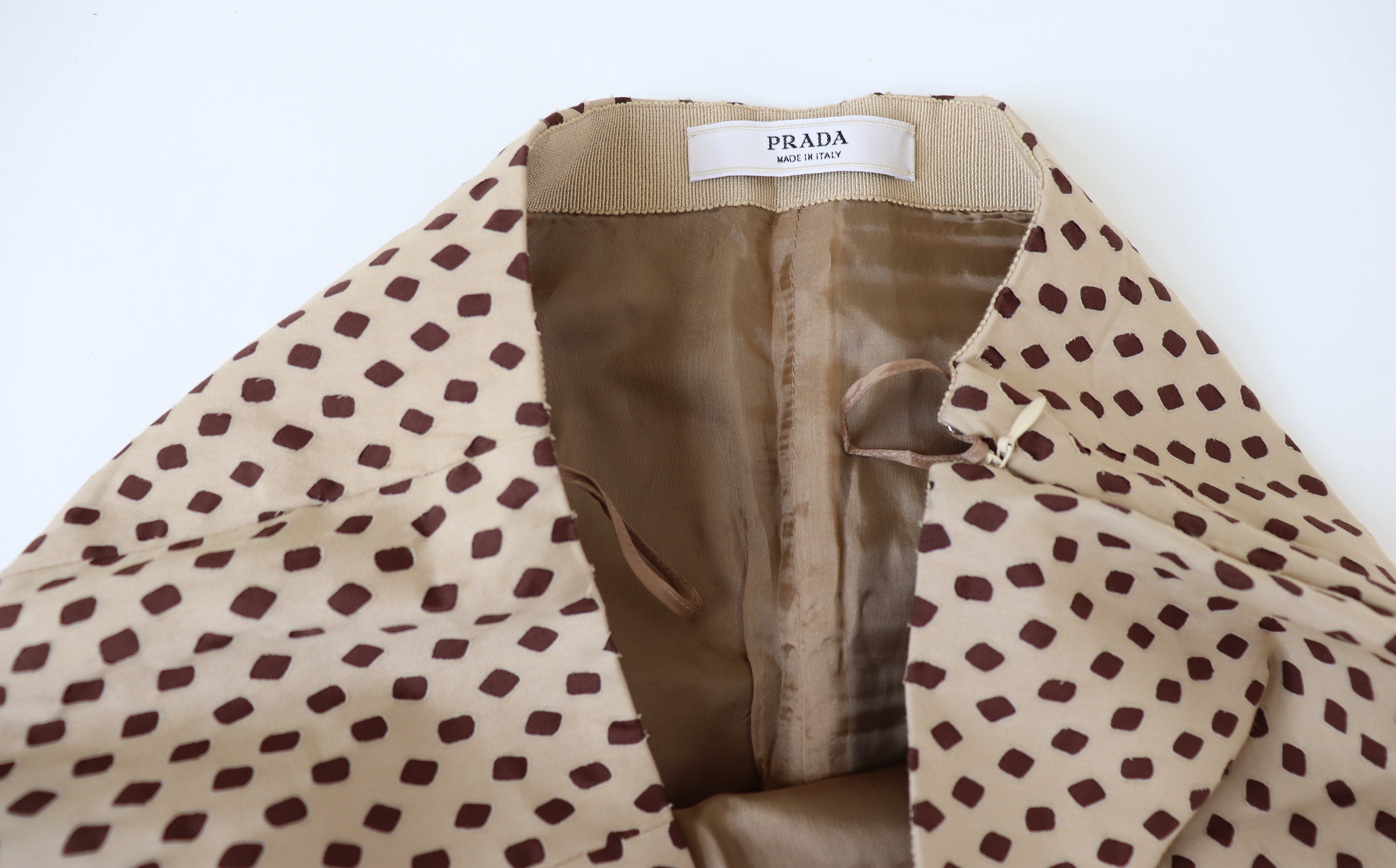 Prada Straight Skirt - Cream / Brown Spotted Cotton - 40 - Fit  XS / S - UK 8 / 10