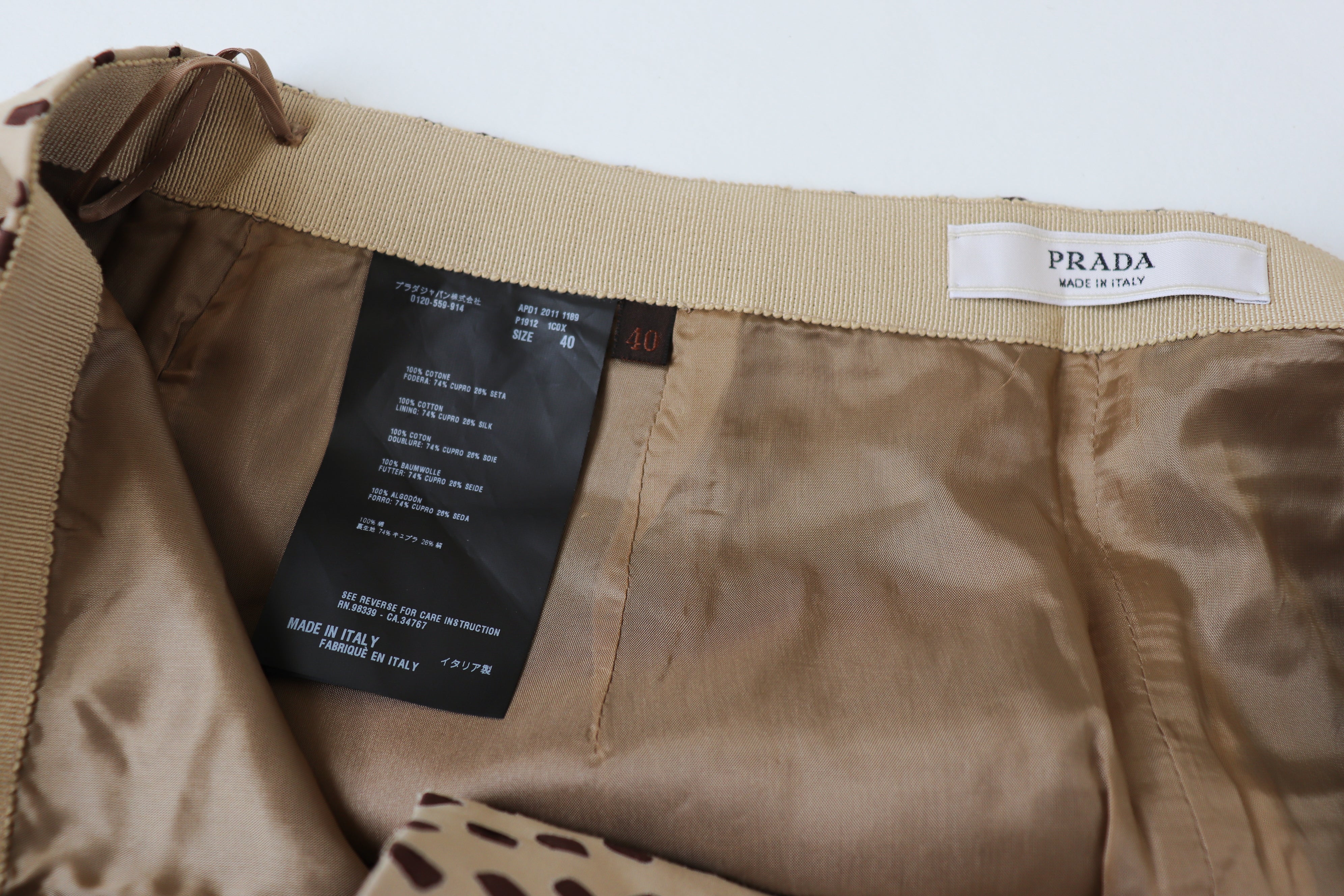 Prada Straight Skirt - Cream / Brown Spotted Cotton - 40 - Fit  XS / S - UK 8 / 10