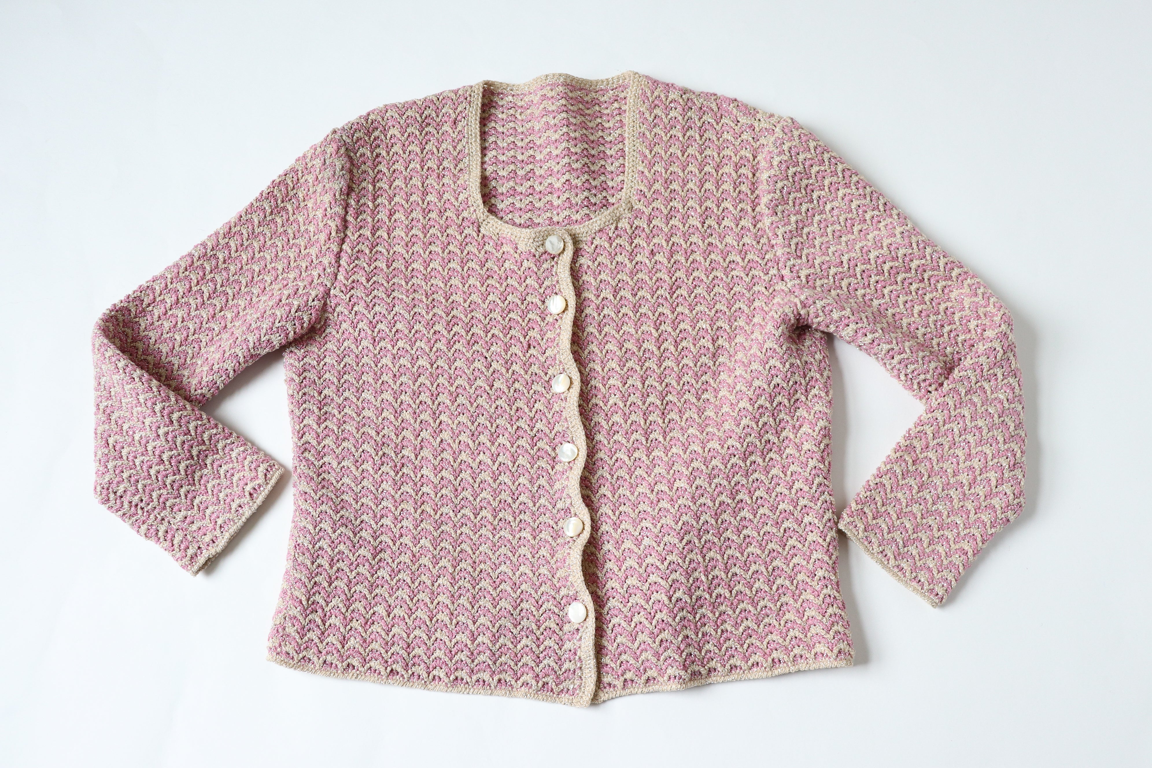 Vintage Cardigan / Knitted Jacket - Handmade Sparkly Silver / Pink - M/ L - UK 12 / 14