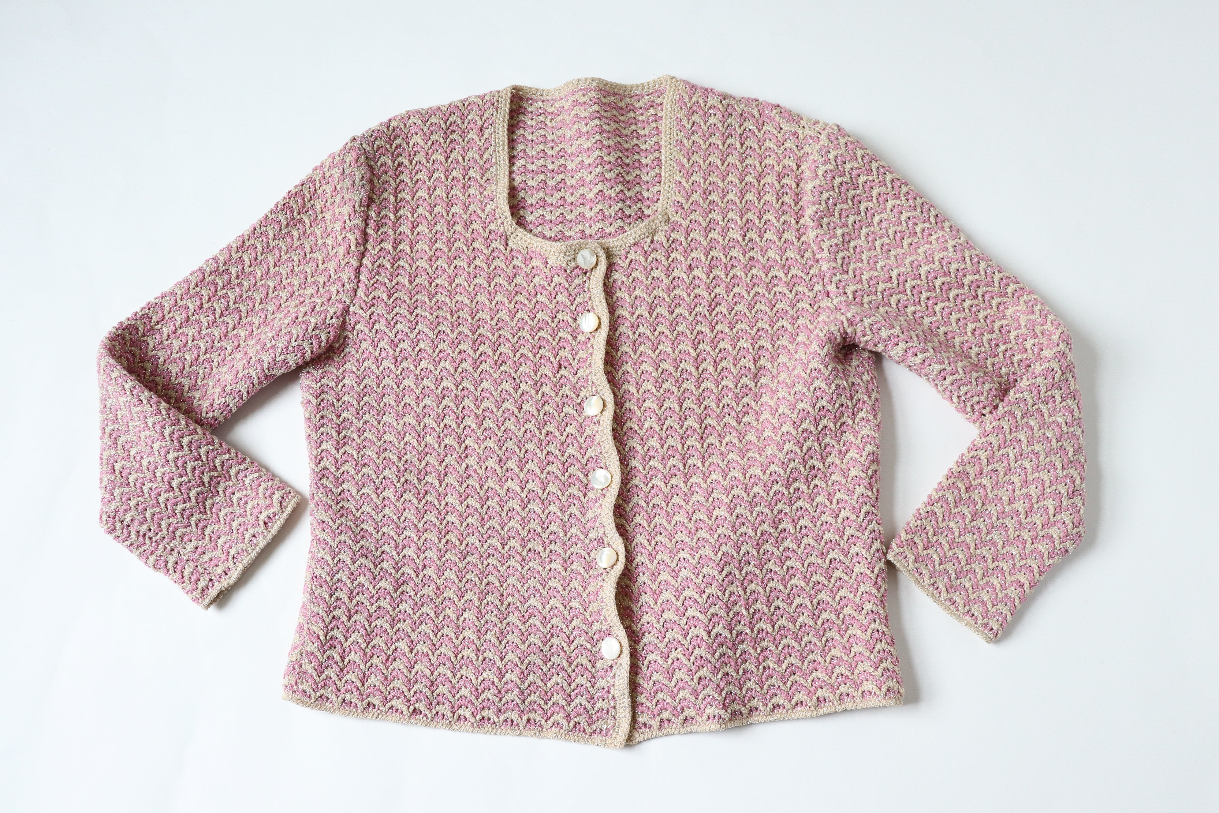 Vintage Cardigan / Knitted Jacket - Handmade Sparkly Silver / Pink -  M/ L -  UK 12 / 14