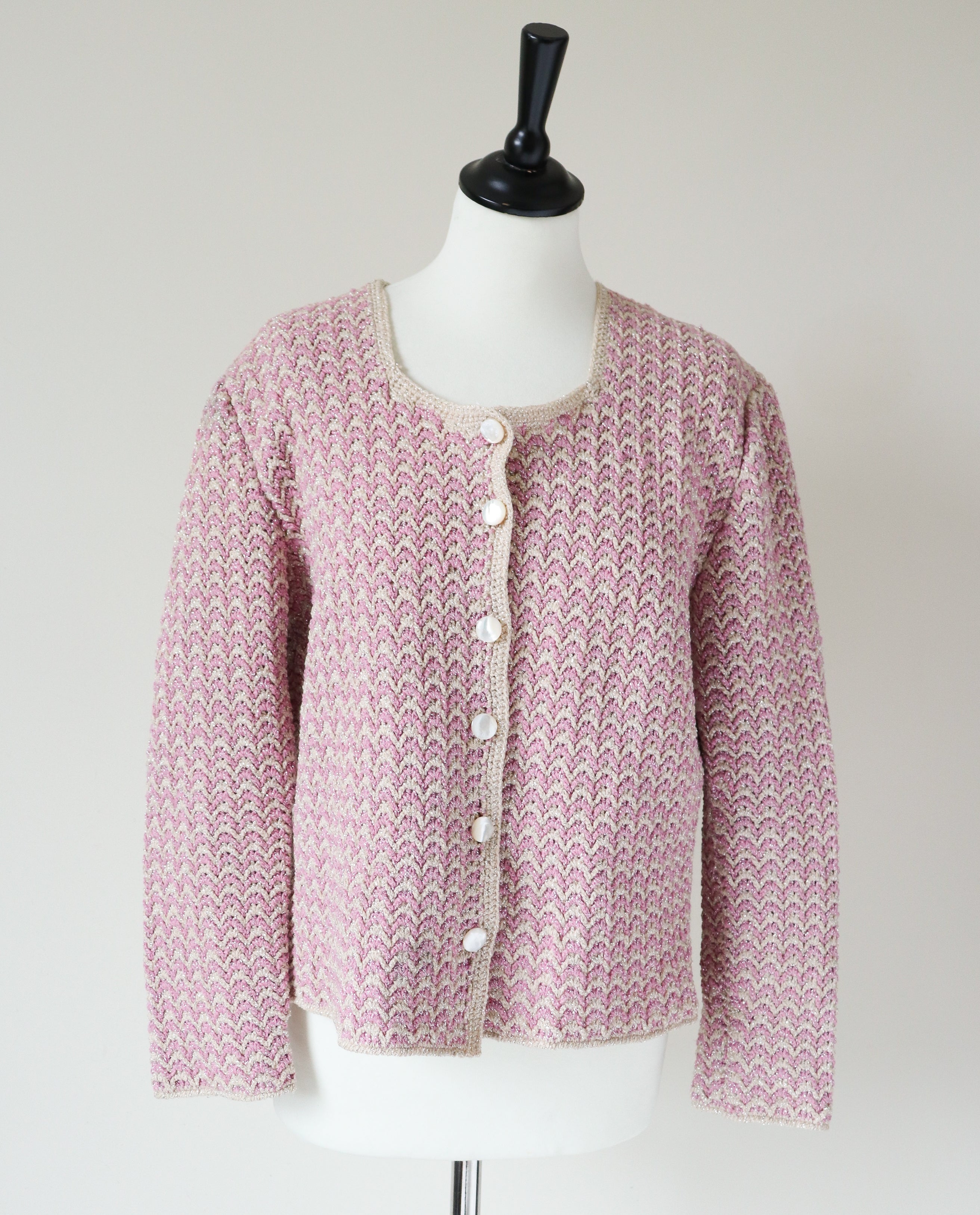 Vintage Cardigan / Knitted Jacket - Handmade Sparkly Silver / Pink -  M/ L -  UK 12 / 14