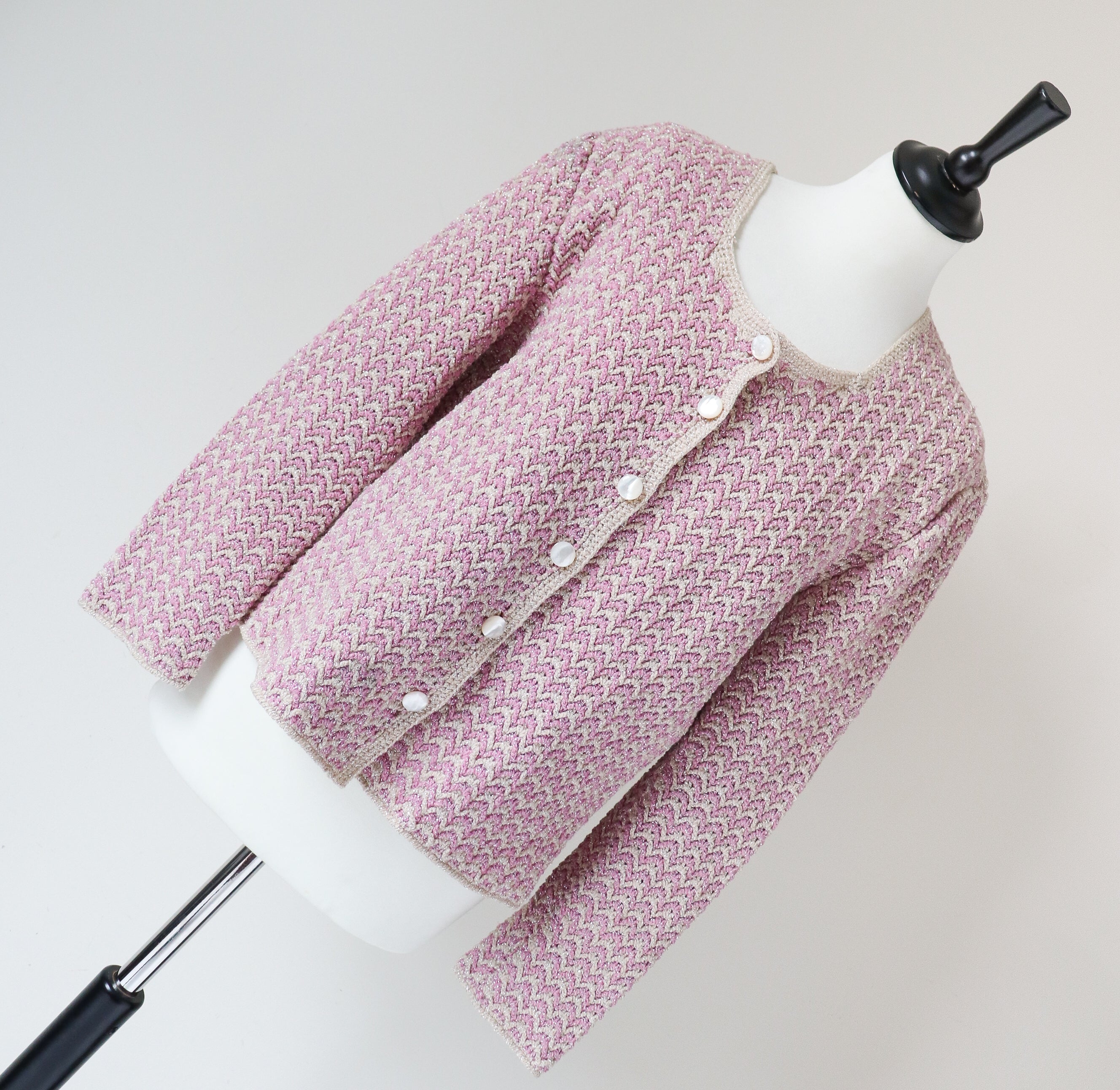 Vintage Cardigan / Knitted Jacket - Handmade Sparkly Silver / Pink - M/ L - UK 12 / 14
