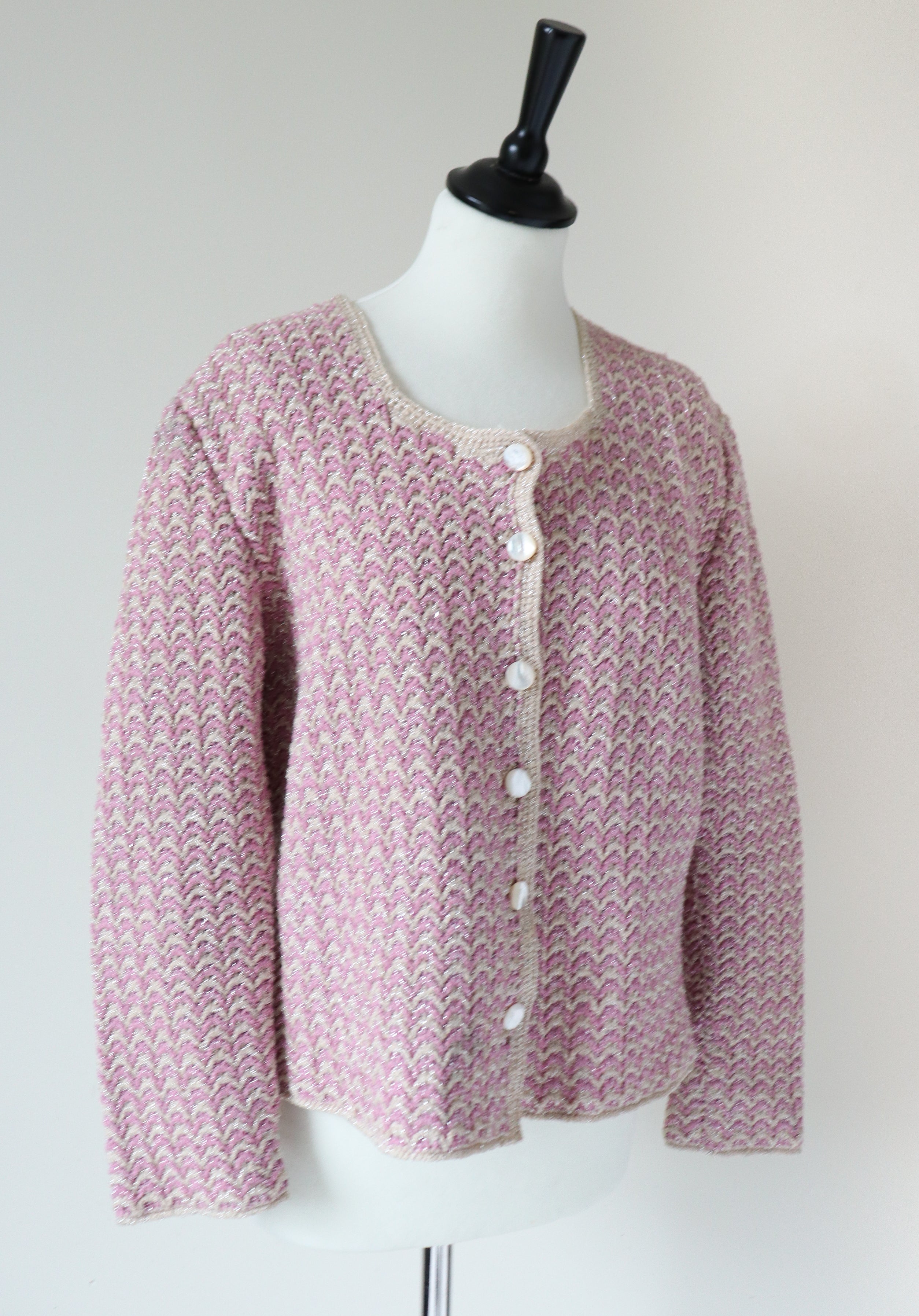 Vintage Cardigan / Knitted Jacket - Handmade Sparkly Silver / Pink - M/ L - UK 12 / 14