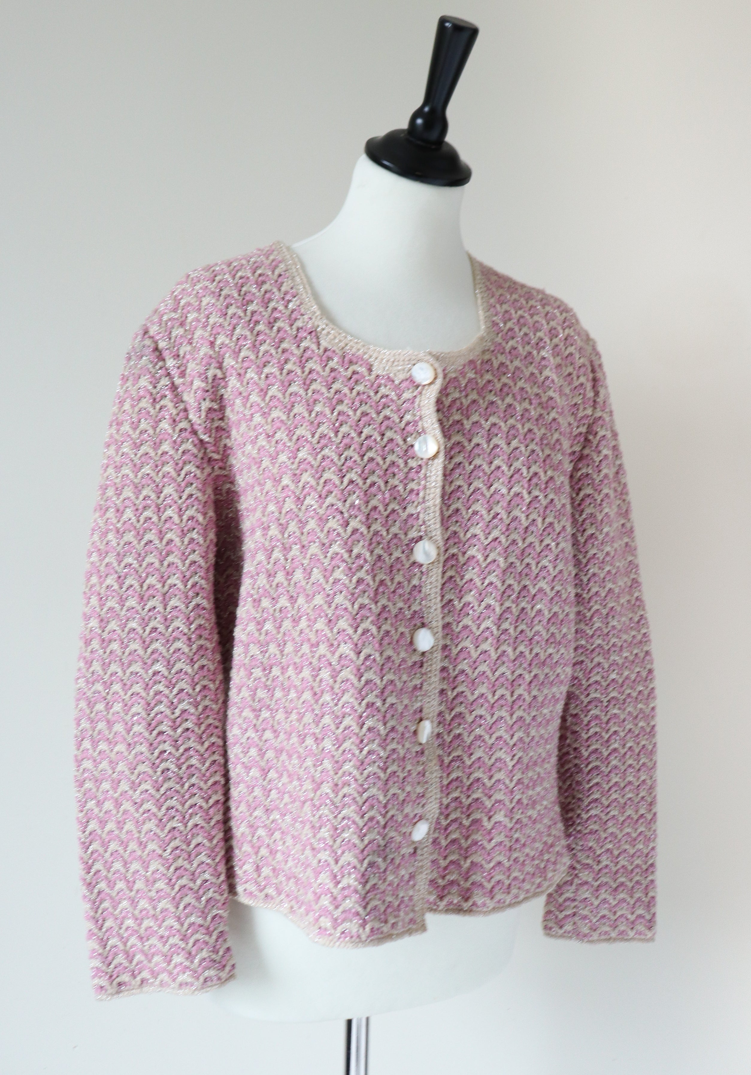 Vintage Cardigan / Knitted Jacket - Handmade Sparkly Silver / Pink -  M/ L -  UK 12 / 14