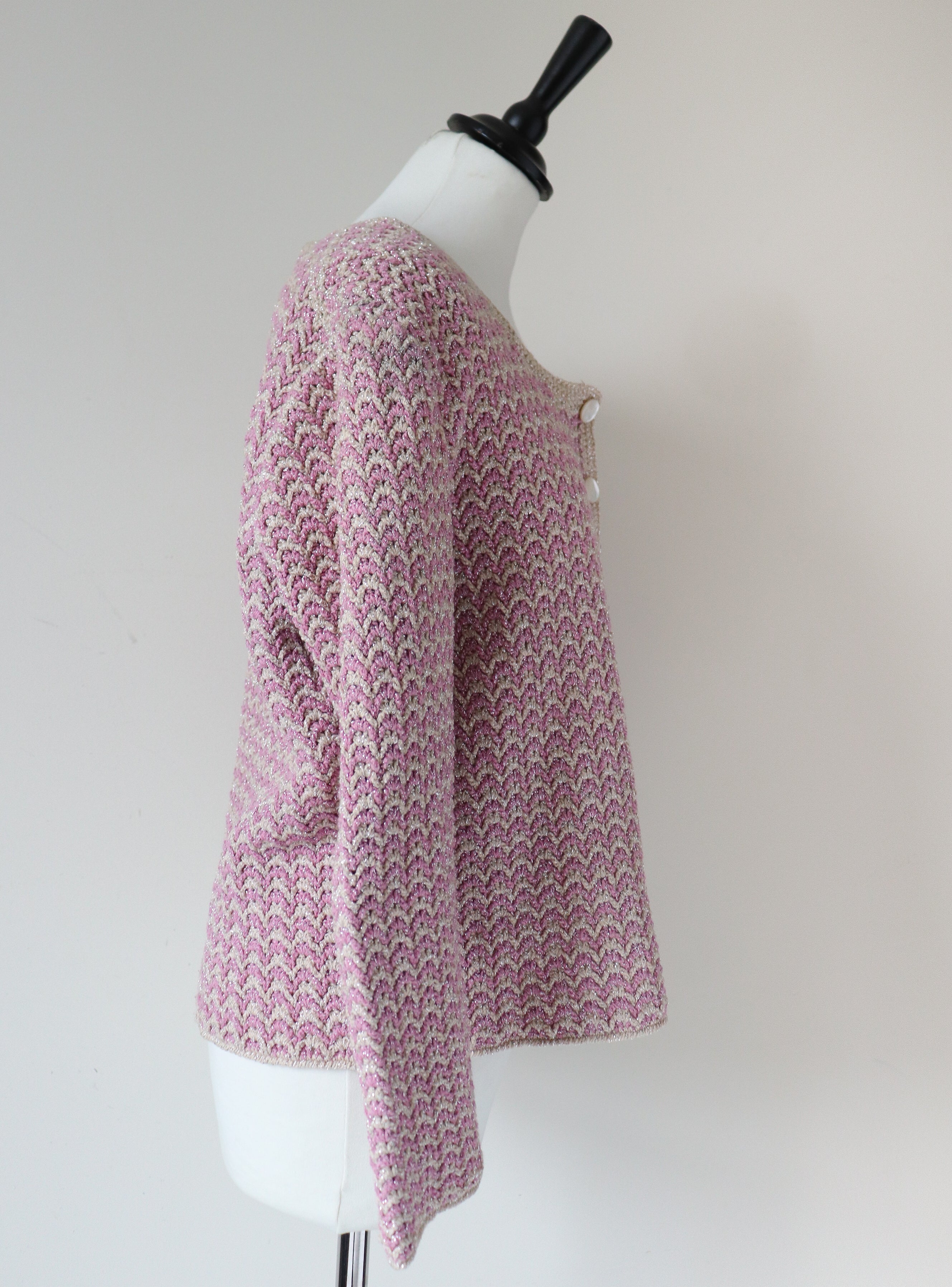 Vintage Cardigan / Knitted Jacket - Handmade Sparkly Silver / Pink - M/ L - UK 12 / 14