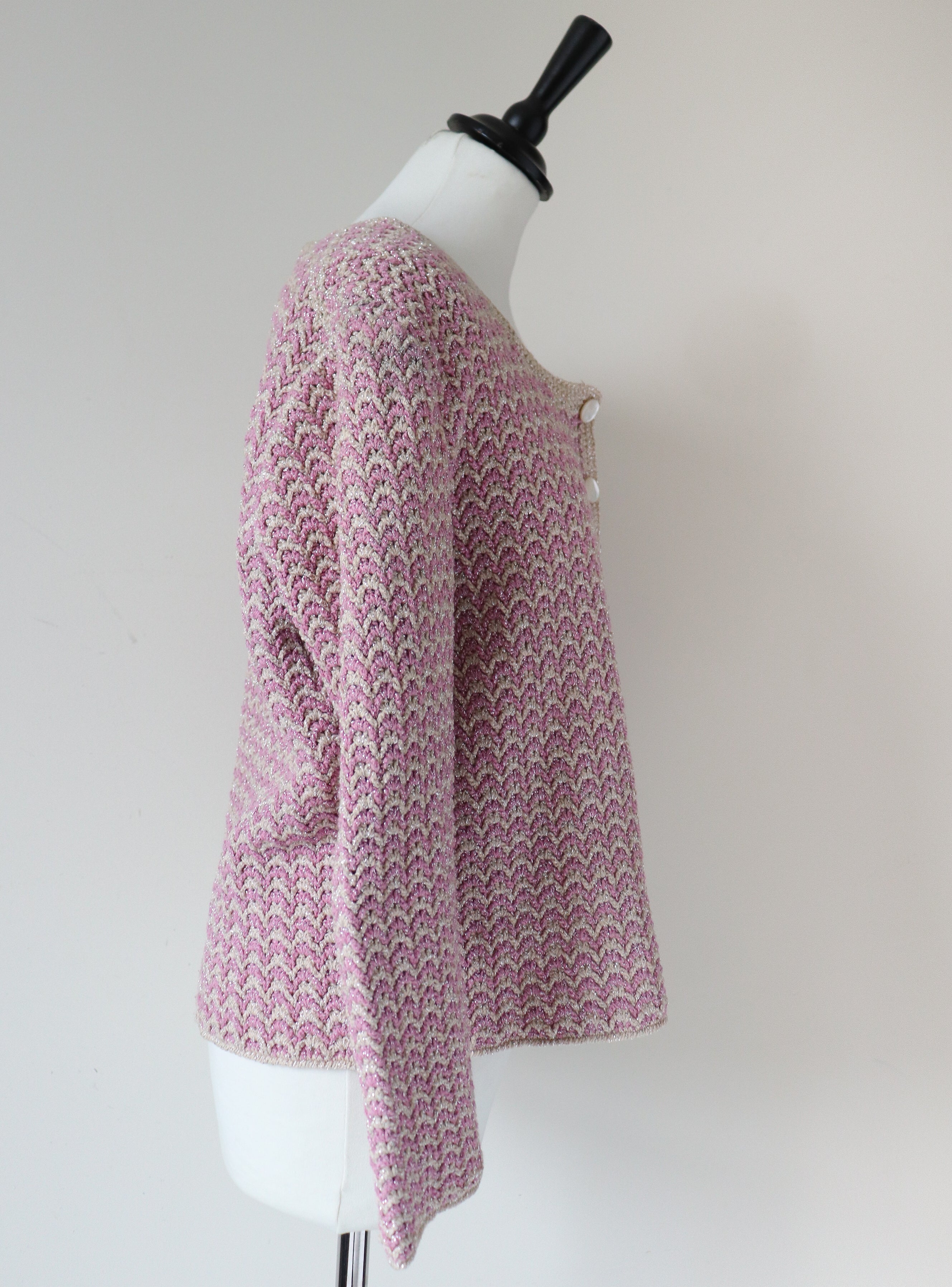 Vintage Cardigan / Knitted Jacket - Handmade Sparkly Silver / Pink -  M/ L -  UK 12 / 14