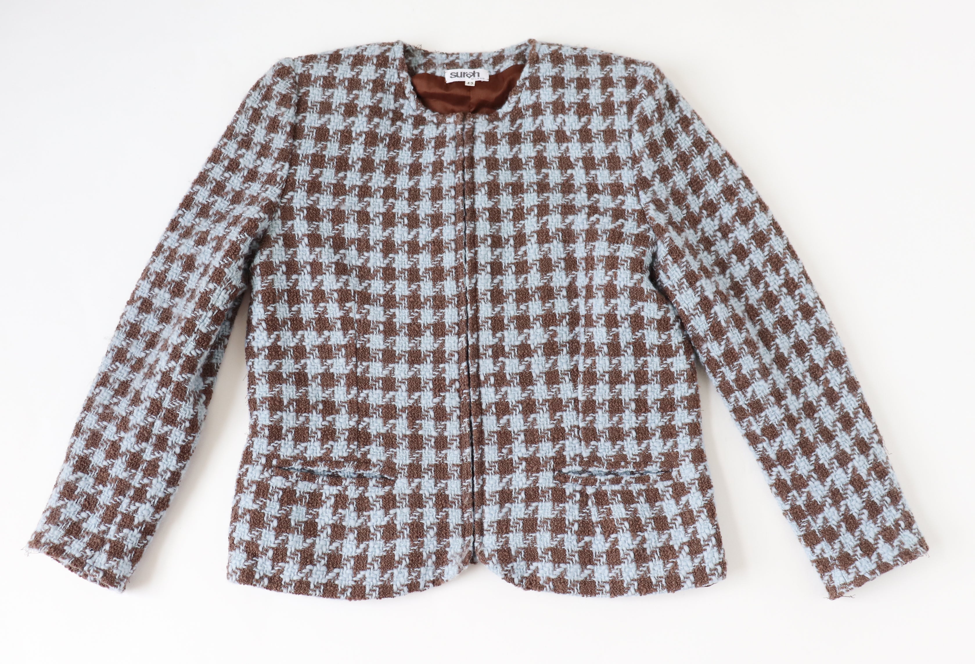 Houndstooth Collarless Jacket - Blue / Brown Wool - Vintage - Surah - 42 Fit S / M - UK 10 / 12