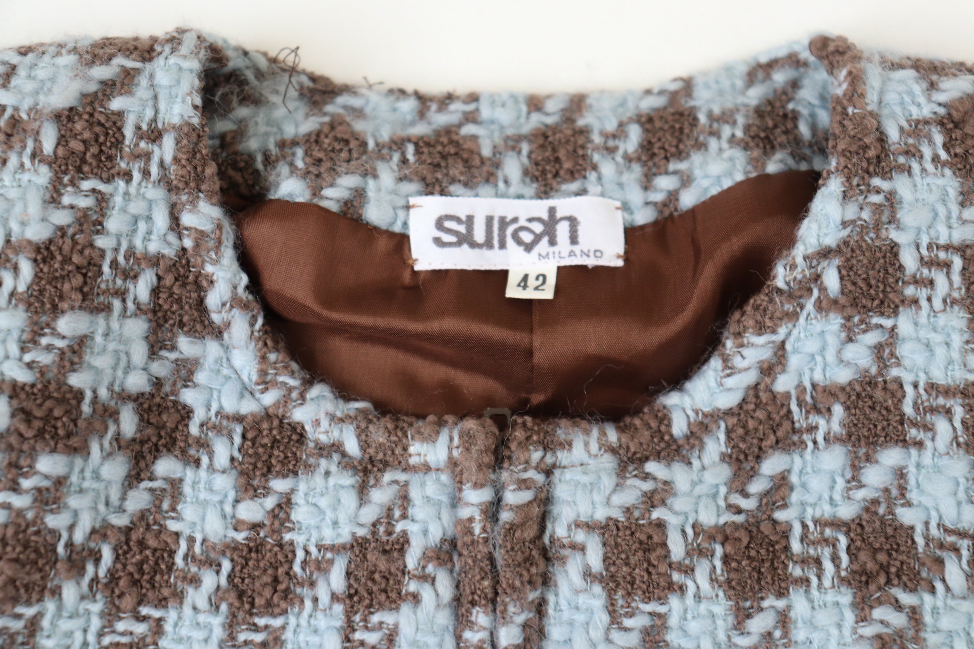 Houndstooth Collarless Jacket - Blue / Brown Wool - Vintage - Surah - 42 Fit S / M - UK 10 / 12