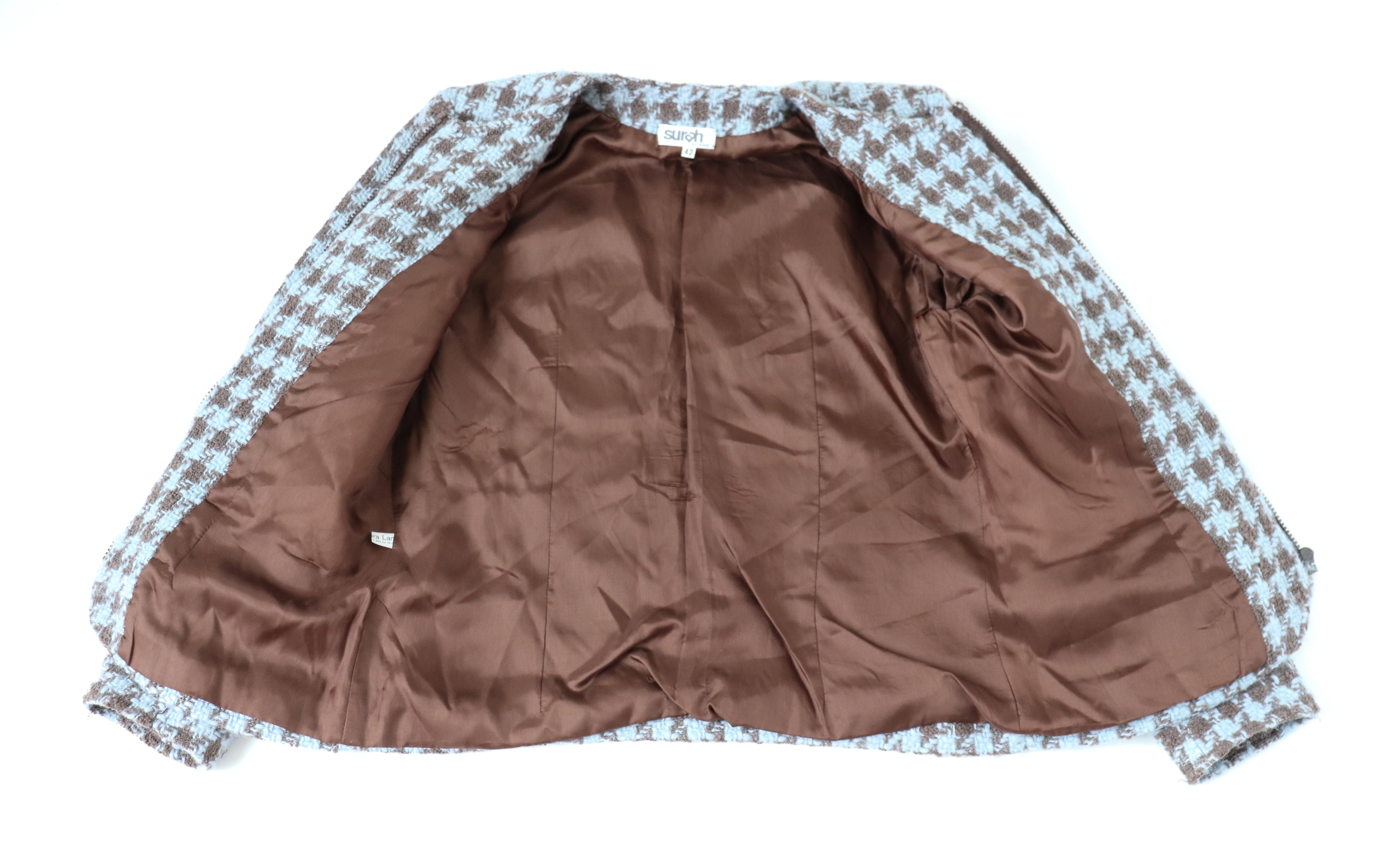 Houndstooth Collarless Jacket - Blue / Brown Wool - Vintage - Surah - 42 Fit S / M - UK 10 / 12