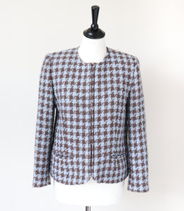 Houndstooth Collarless Jacket - Blue / Brown Wool - Vintage - Surah - 42 Fit S / M - UK 10 / 12